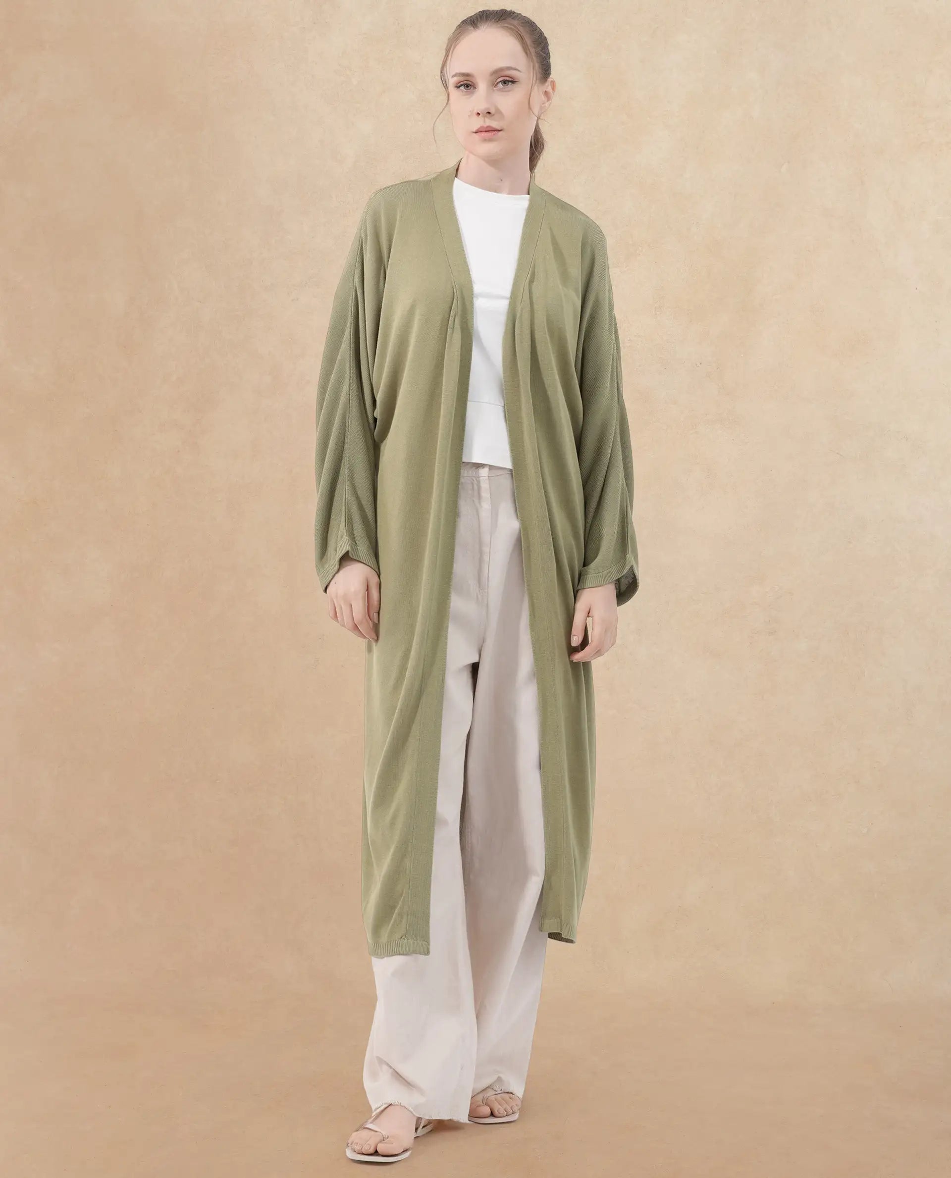 Rareism Women Keya Pastel Green Cotton Fabric Full Sleeves Extended Sleeve Relaxed Fit Plain Midi Shrug