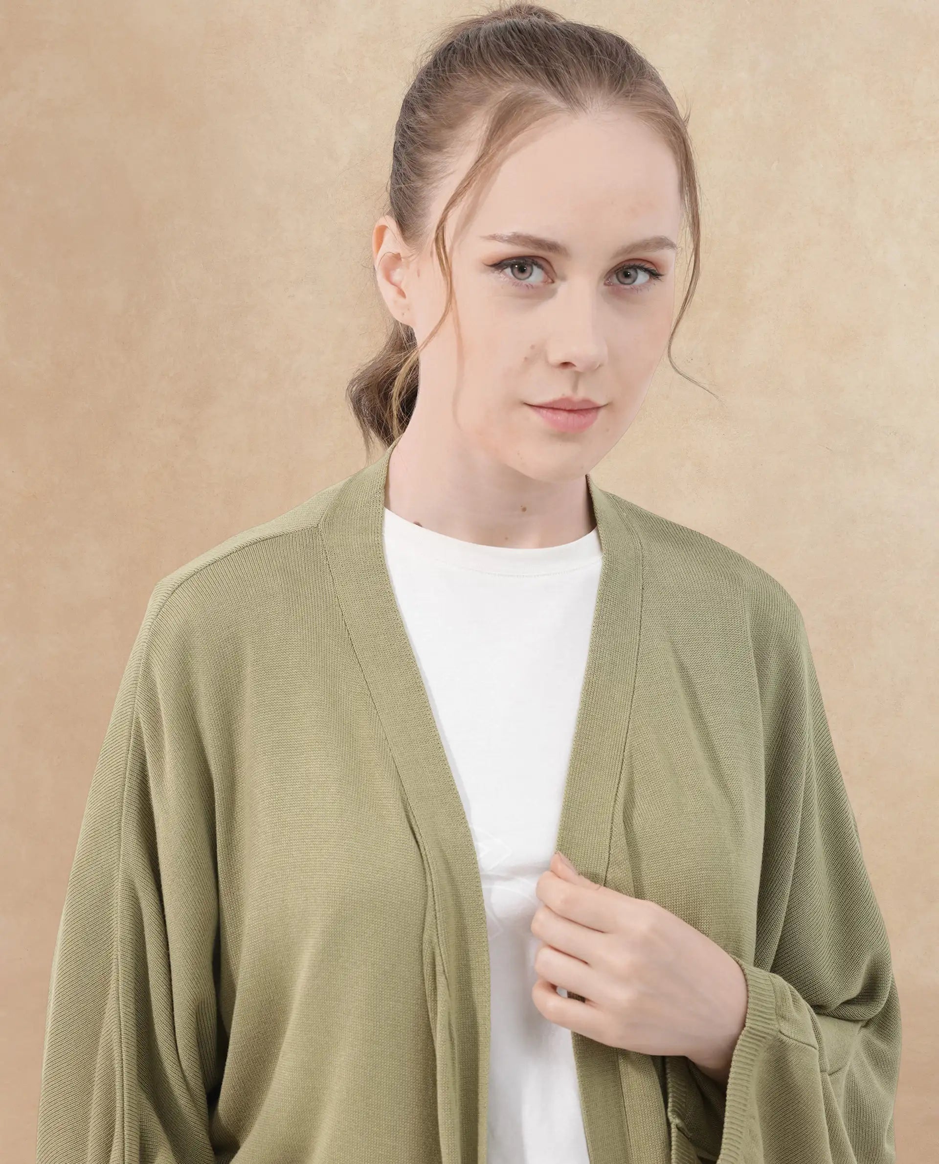 Rareism Women Keya Pastel Green Cotton Fabric Full Sleeves Extended Sleeve Relaxed Fit Plain Midi Shrug