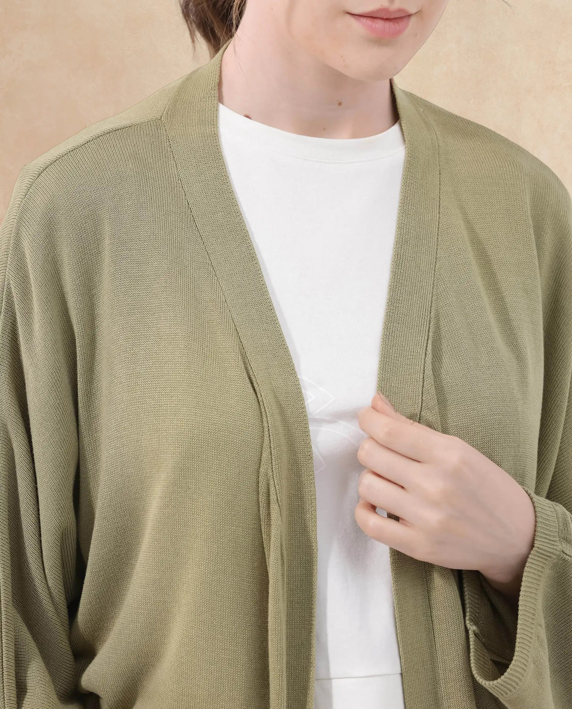 Rareism Women Keya Pastel Green Cotton Fabric Full Sleeves Extended Sleeve Relaxed Fit Plain Midi Shrug