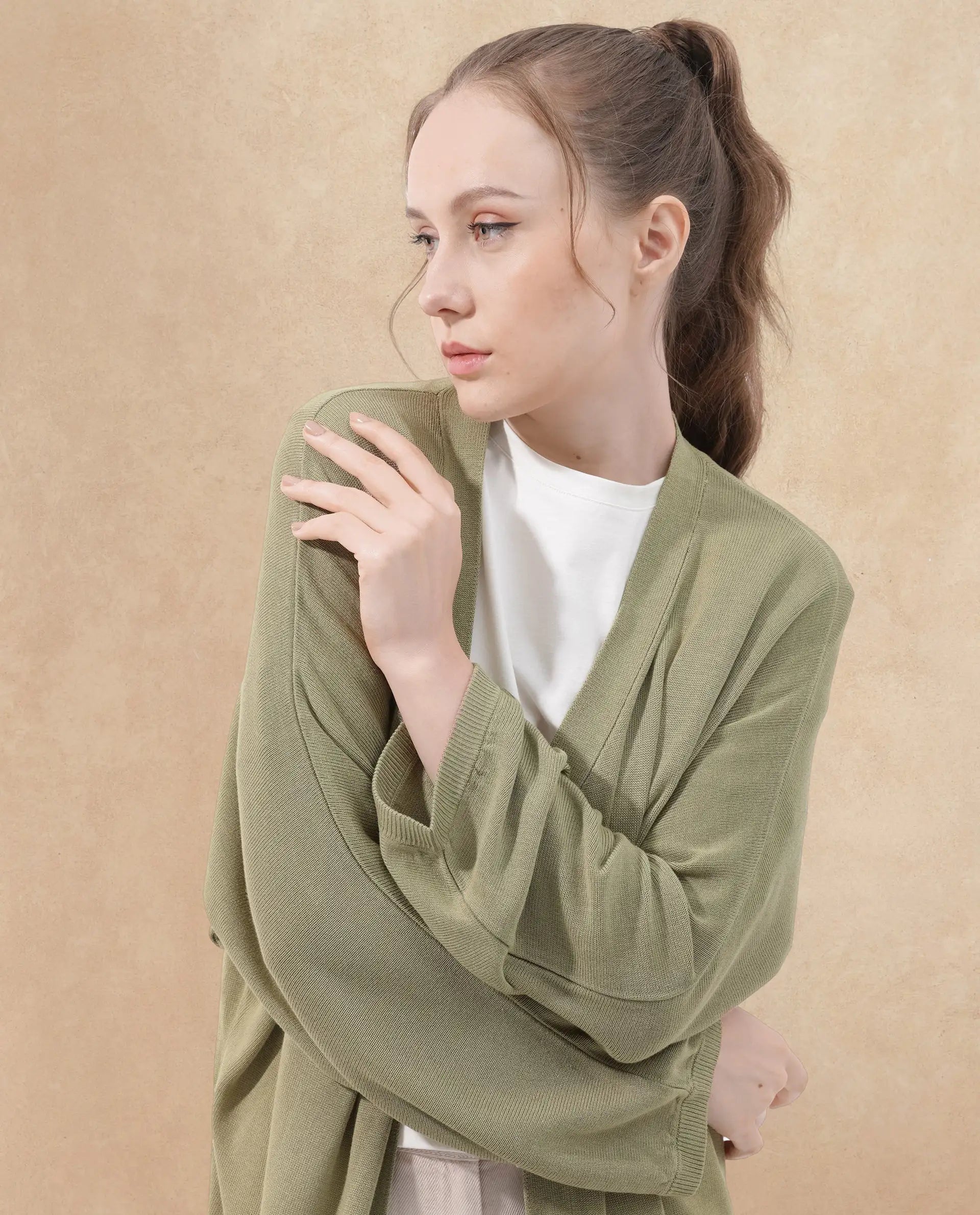 Rareism Women Keya Pastel Green Cotton Fabric Full Sleeves Extended Sleeve Relaxed Fit Plain Midi Shrug