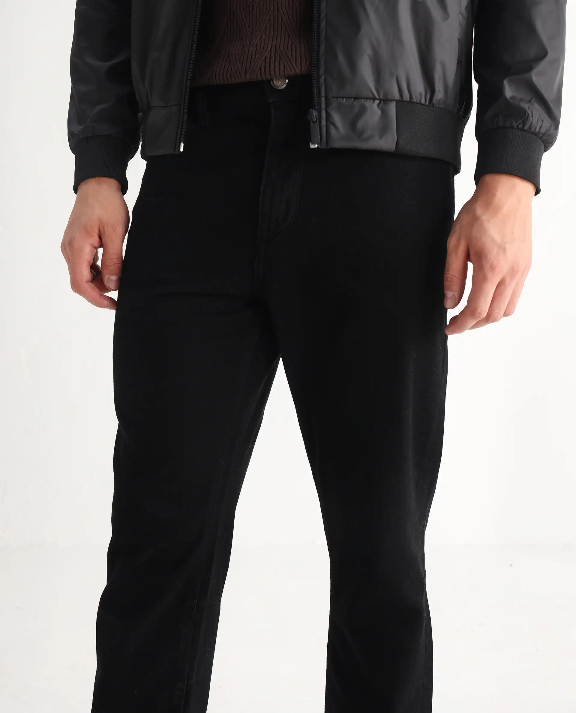 Rare Rabbit Men's Khal Black Cotton Plain Kurt Carrot Fit Jeans