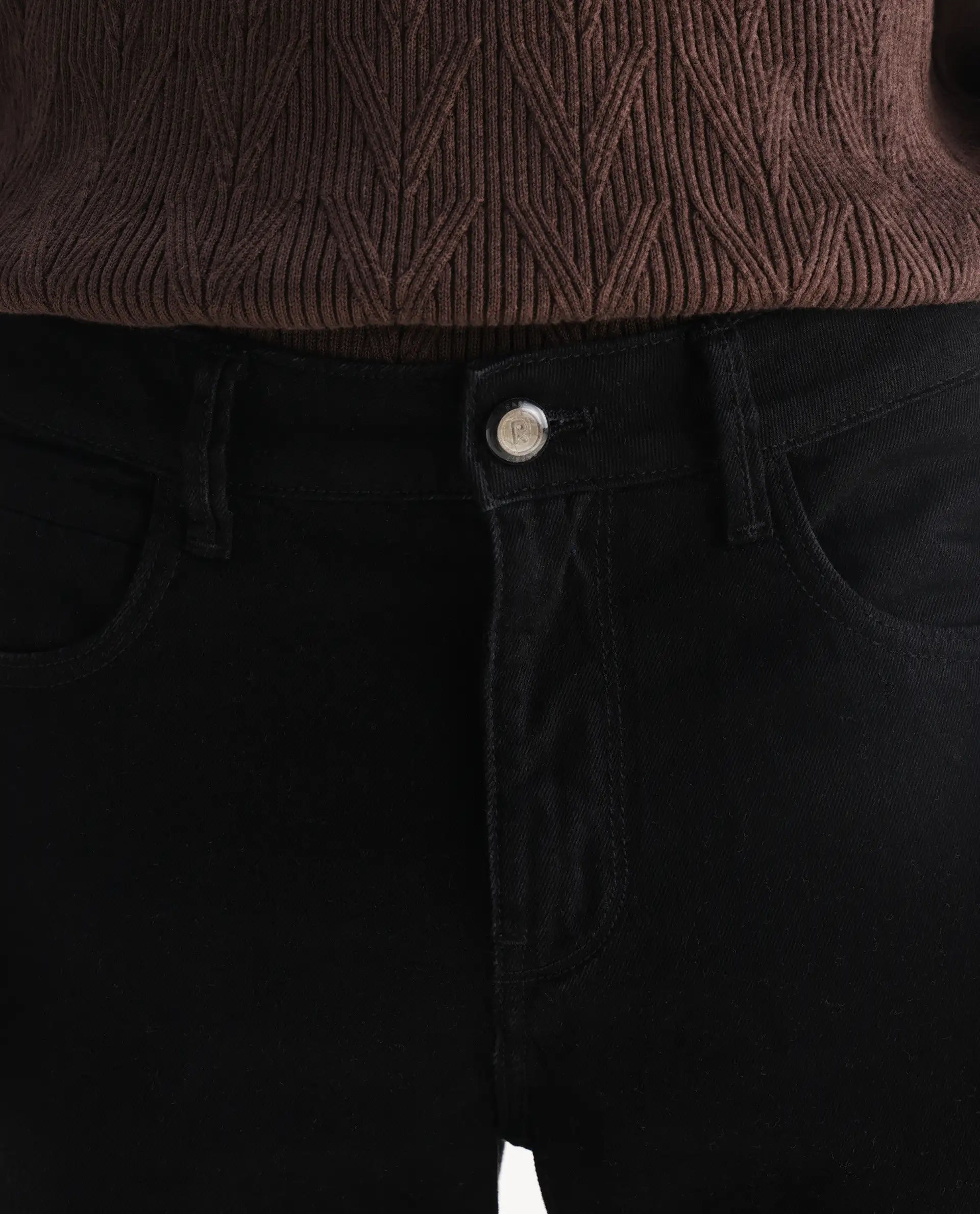 Rare Rabbit Men's Khal Black Cotton Plain Kurt Carrot Fit Jeans