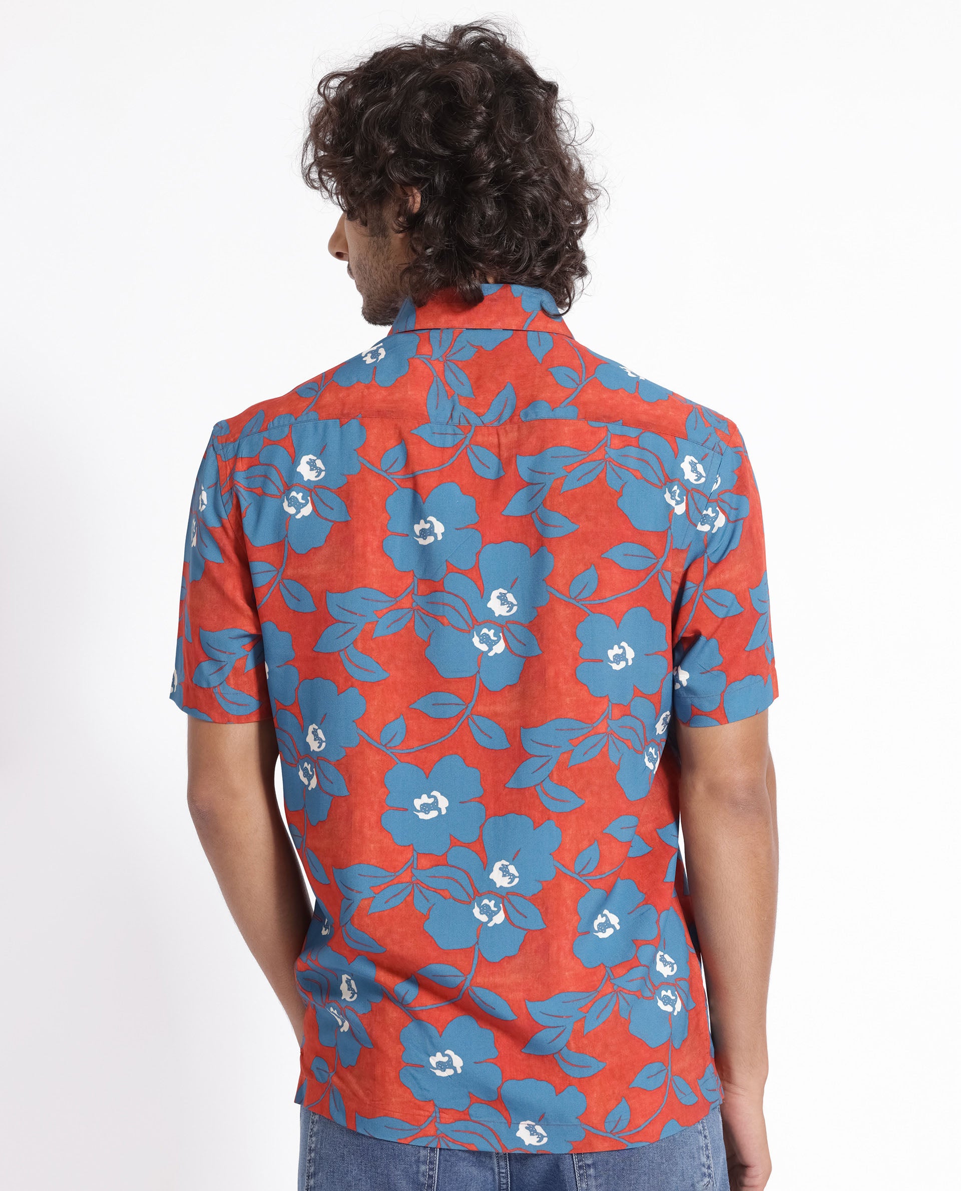 Rare Rabbit Men's Kian Dusky Orange Floral Print Half Sleeves Shirt