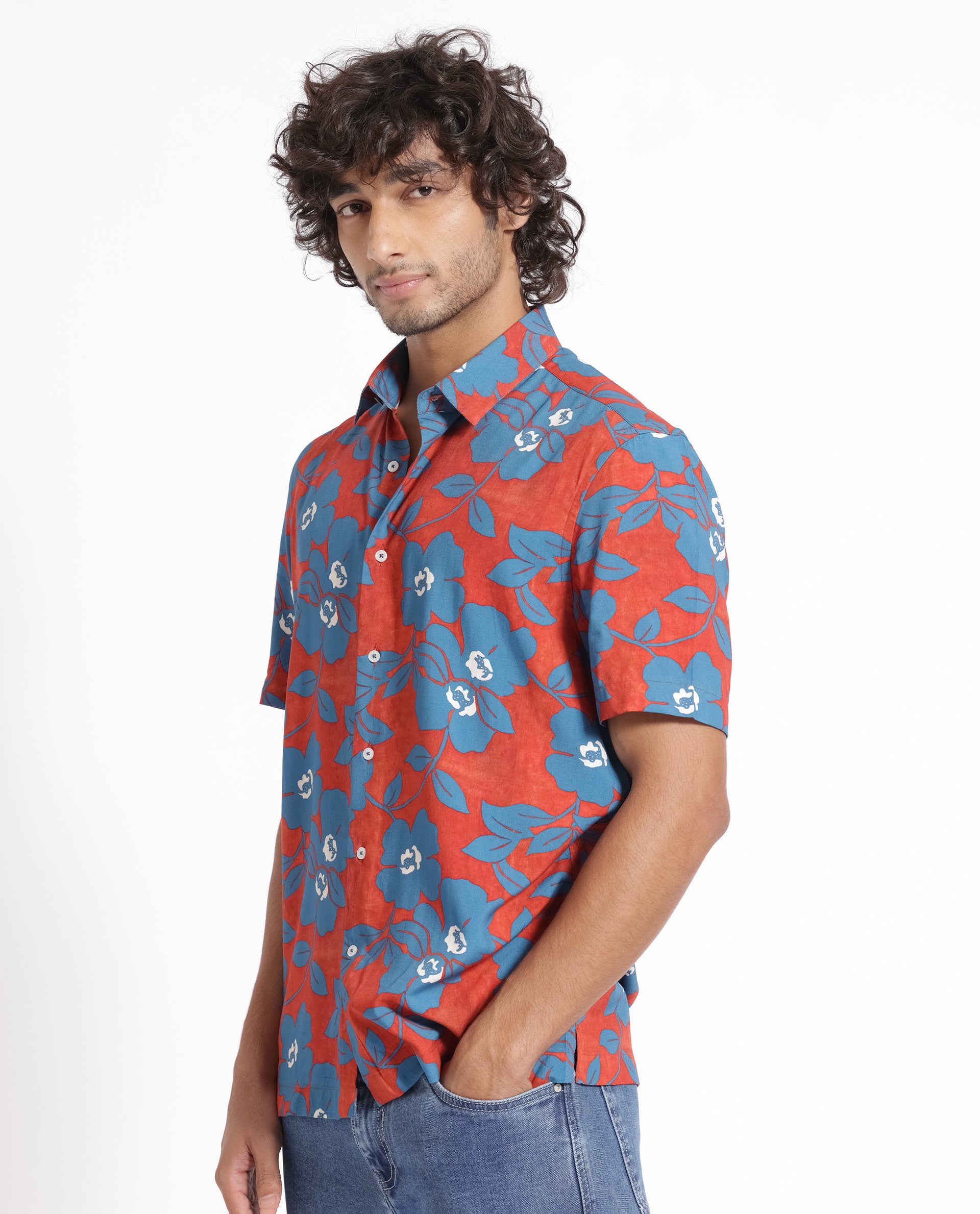 Rare Rabbit Men's Kian Dusky Orange Floral Print Half Sleeves Shirt