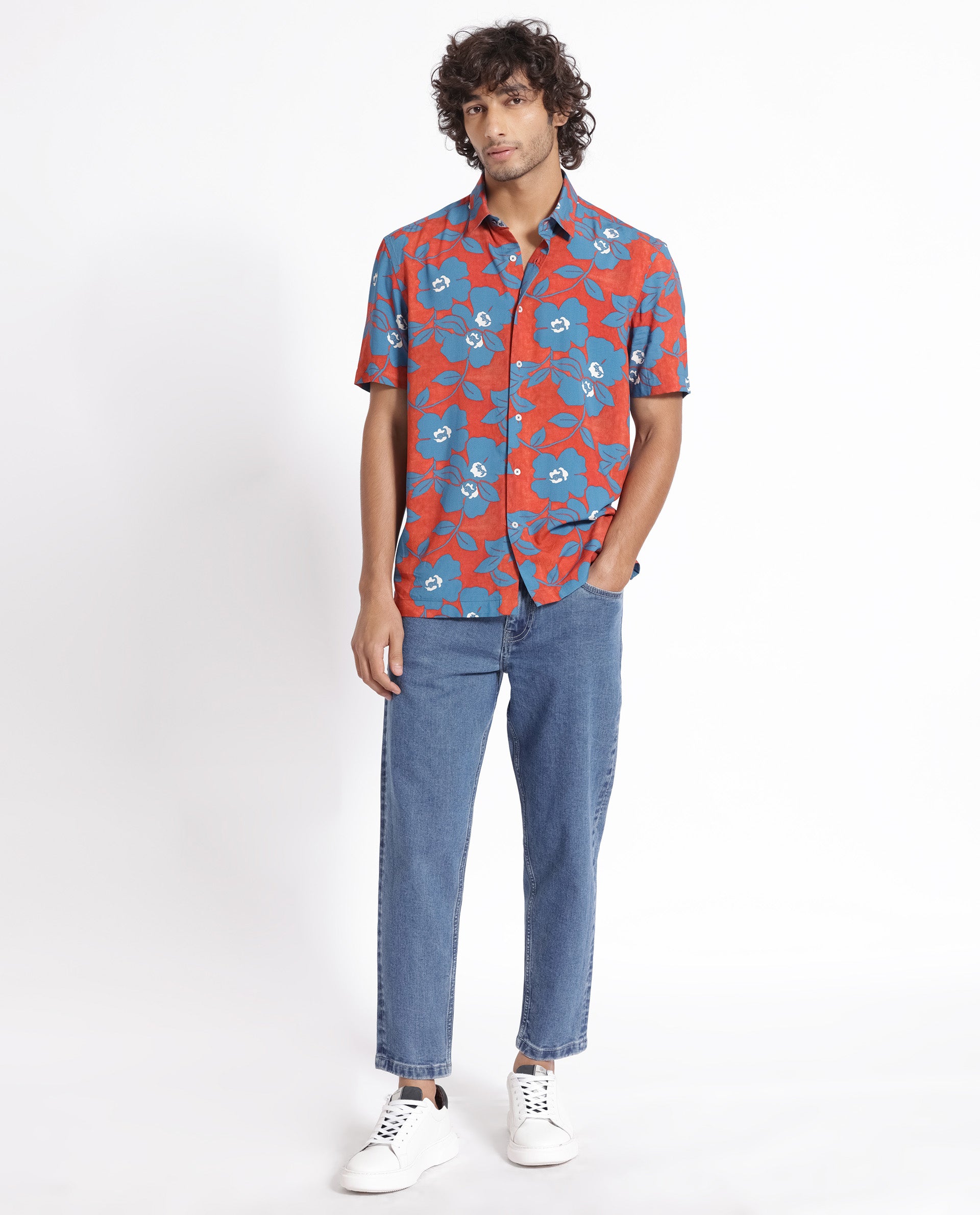 Rare Rabbit Men's Kian Dusky Orange Floral Print Half Sleeves Shirt