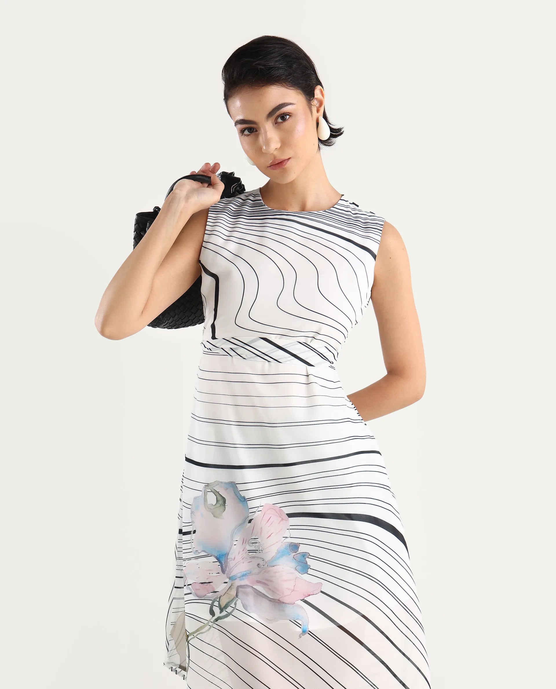 Rareism Women's Kibed Multi Polyester Crew Neck Floral Print Sleeveless Midi Fit And Flare Dress