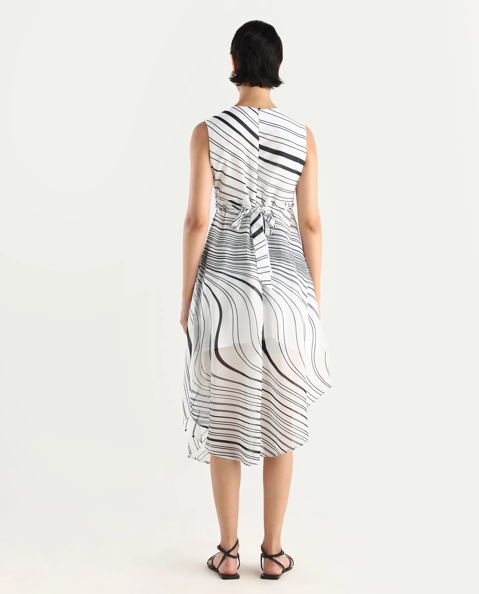 Rareism Women's Kibed Multi Polyester Crew Neck Floral Print Sleeveless Midi Fit And Flare Dress