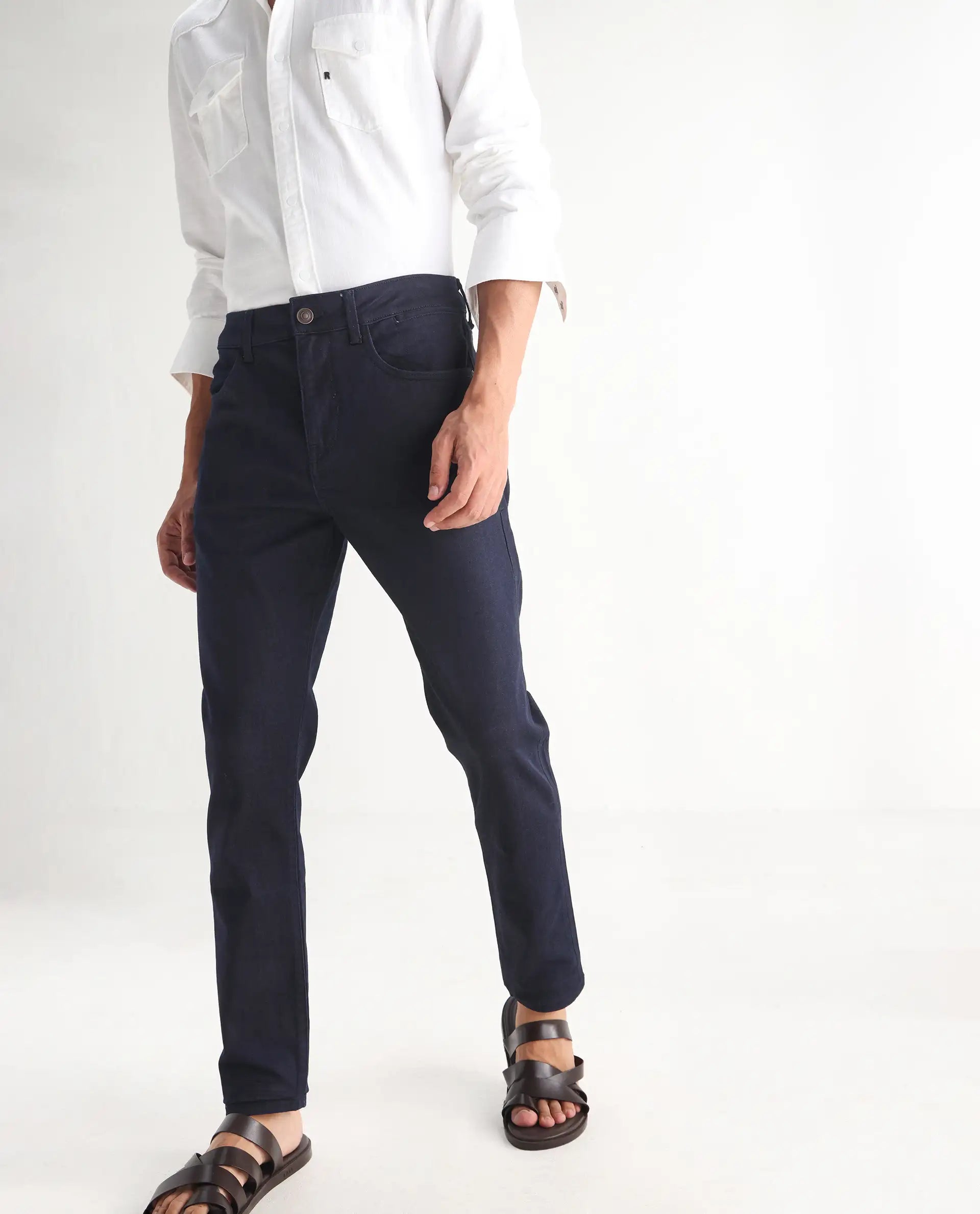 Rare Rabbit Men's Kiel Navy Cotton Plain Morris Regular Fit Jeans