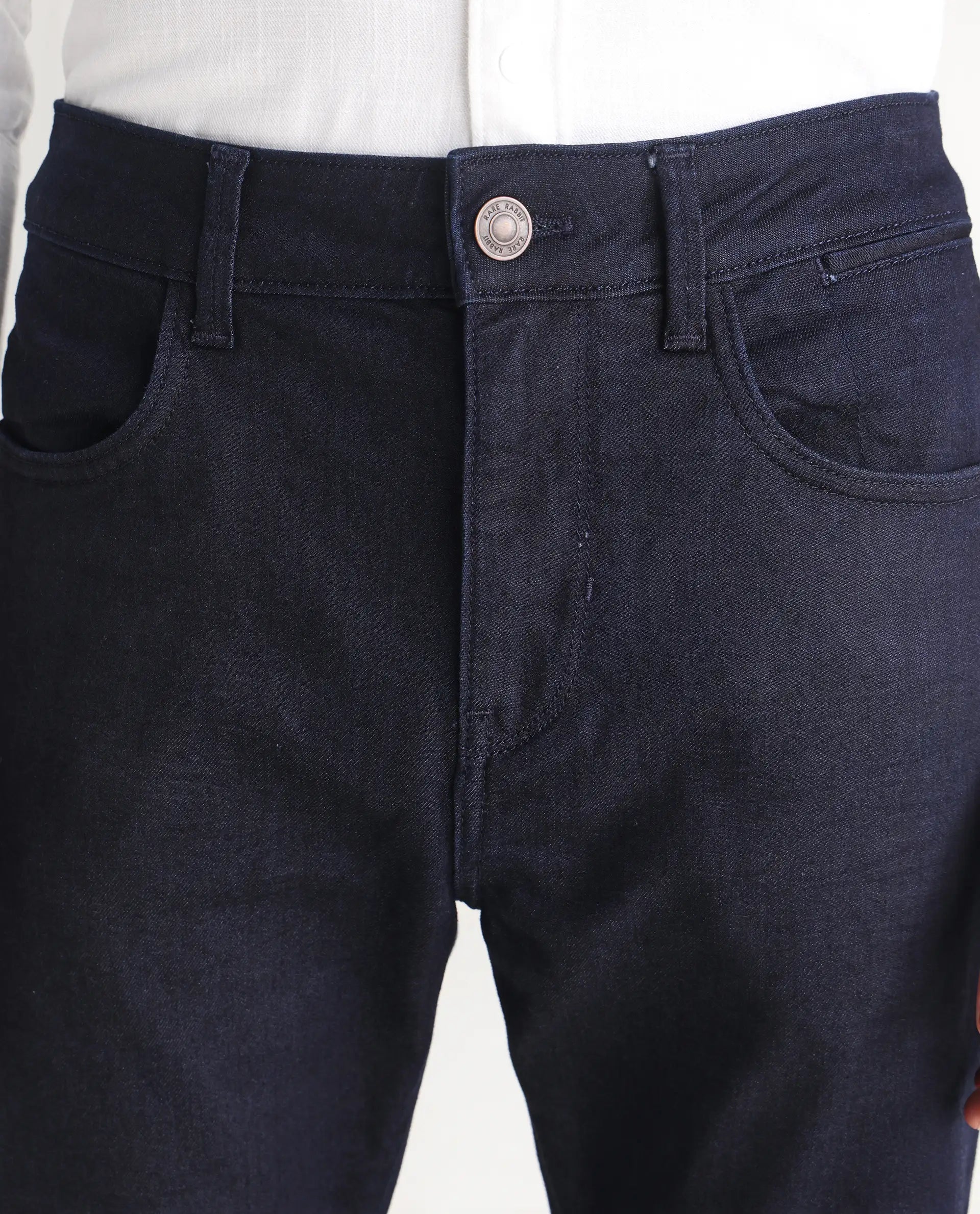 Rare Rabbit Men's Kiel Navy Cotton Plain Morris Regular Fit Jeans
