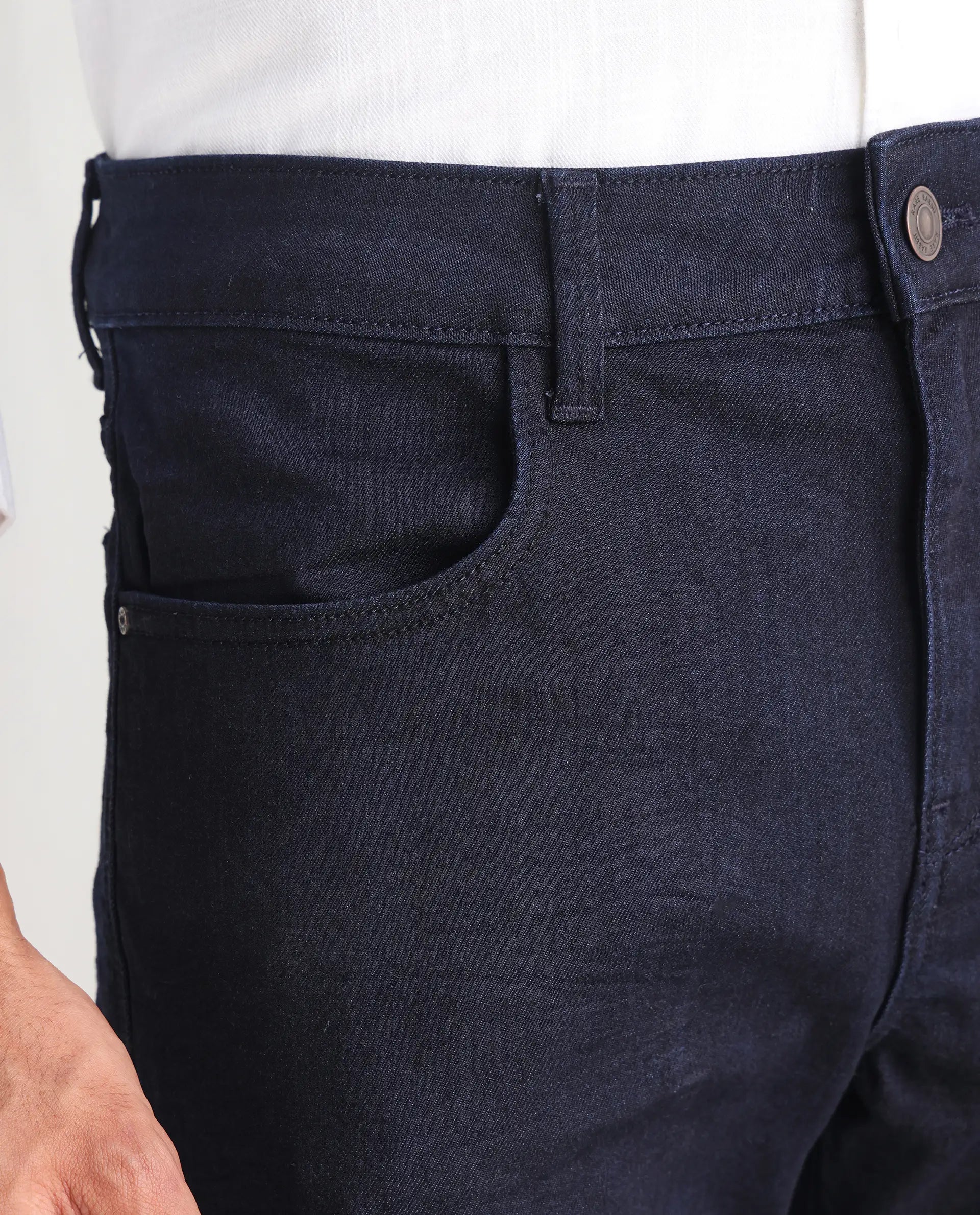 Rare Rabbit Men's Kiel Navy Cotton Plain Morris Regular Fit Jeans