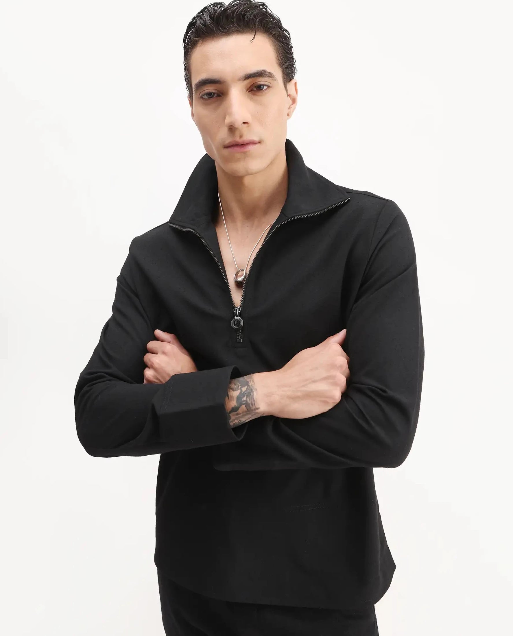 Rare Rabbit Men's Kikos-T Black Polyester Blend Plain Relaxed Fit Full Sleeve Collared Shaket