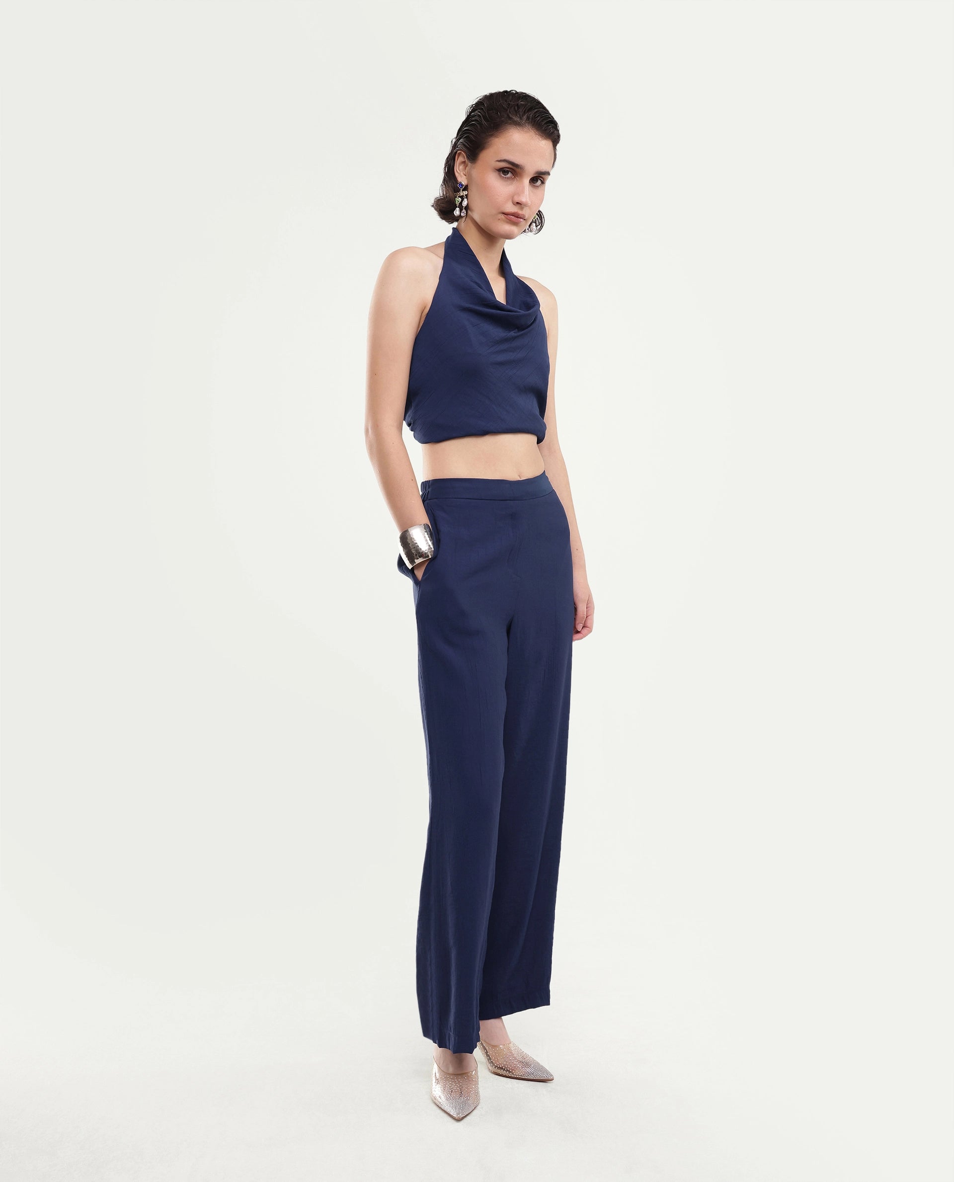 Rareism Women's Kimo-B Navy Nylon Blend Fabric Regular Plain Trouser