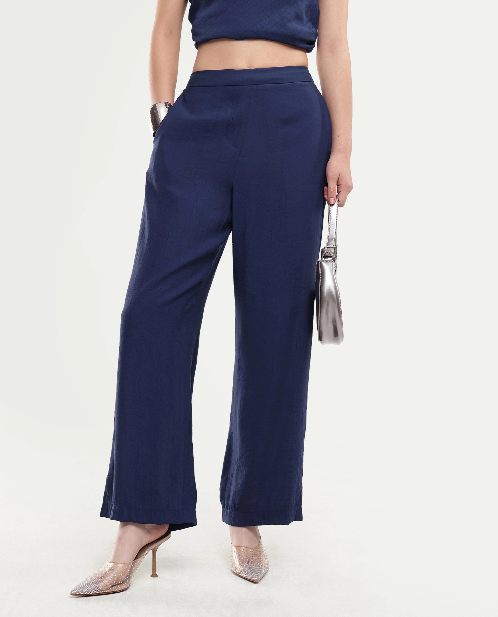 Rareism Women's Kimo-B Navy Nylon Blend Fabric Regular Plain Trouser