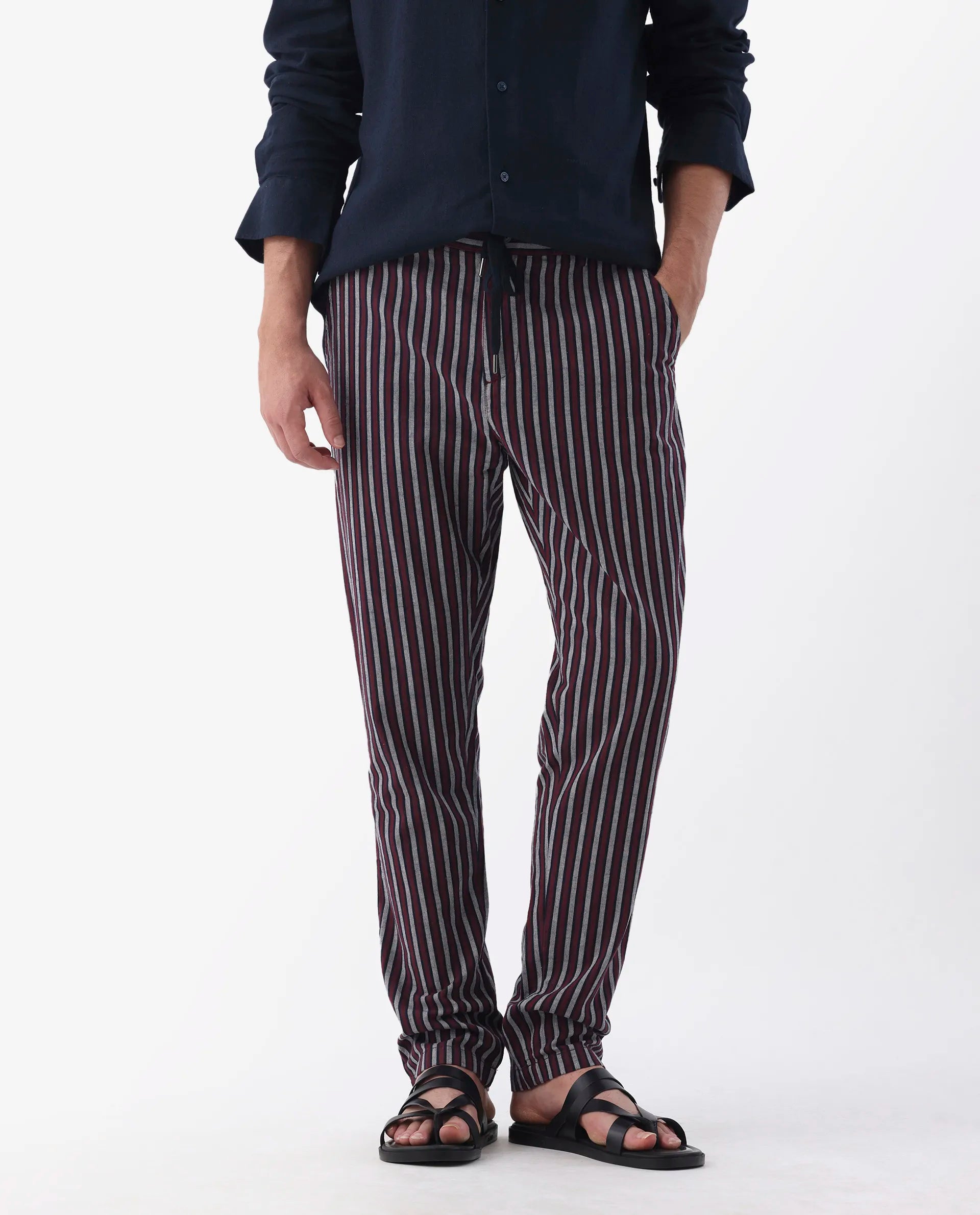 Rare Rabbit Men's Kimo Maroon Linen Blend Striped Print Regular Fit Trouser