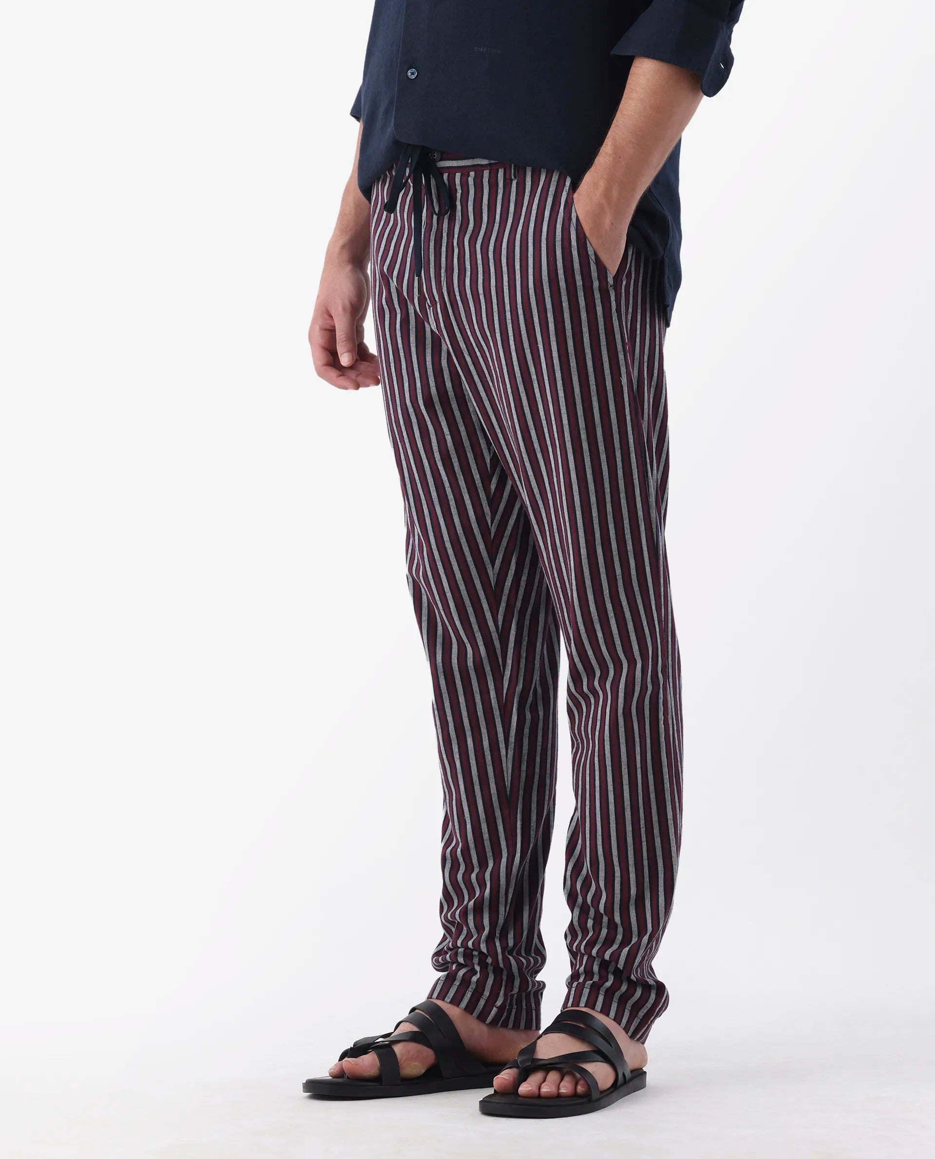 Rare Rabbit Men's Kimo Maroon Linen Blend Striped Print Regular Fit Trouser