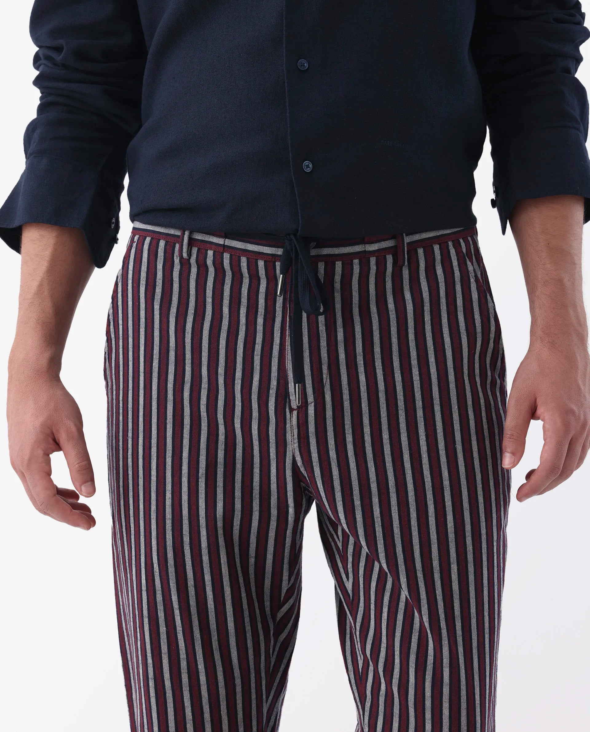 Rare Rabbit Men's Kimo Maroon Linen Blend Striped Print Regular Fit Trouser