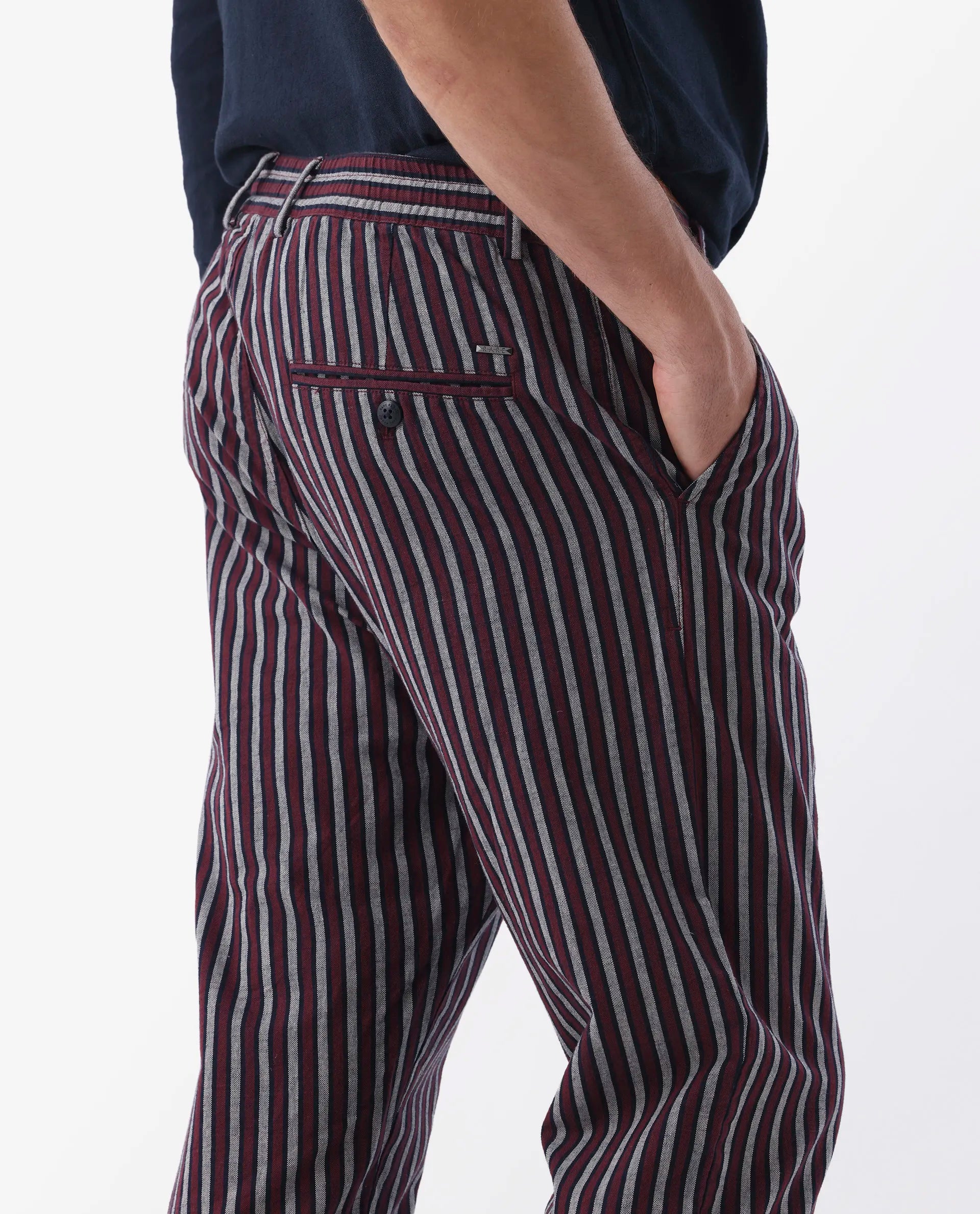 Rare Rabbit Men's Kimo Maroon Linen Blend Striped Print Regular Fit Trouser