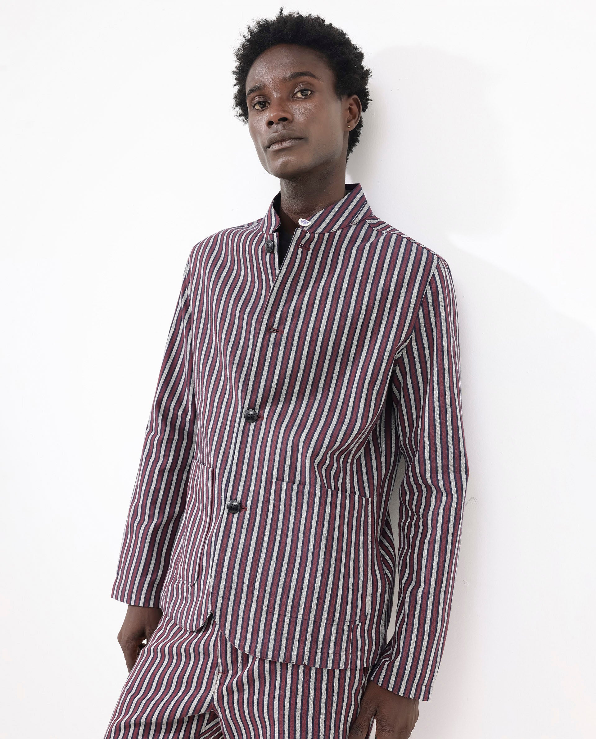 Rare Rabbit Mens Kimon Maroon Cotton Linen Fabric Full Sleeve Mandarin Collar Stripe Jacket