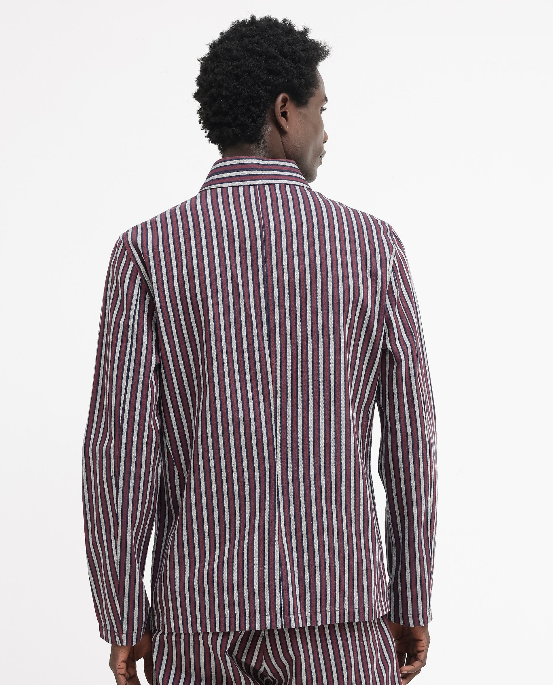 Rare Rabbit Mens Kimon Maroon Cotton Linen Fabric Full Sleeve Mandarin Collar Stripe Jacket