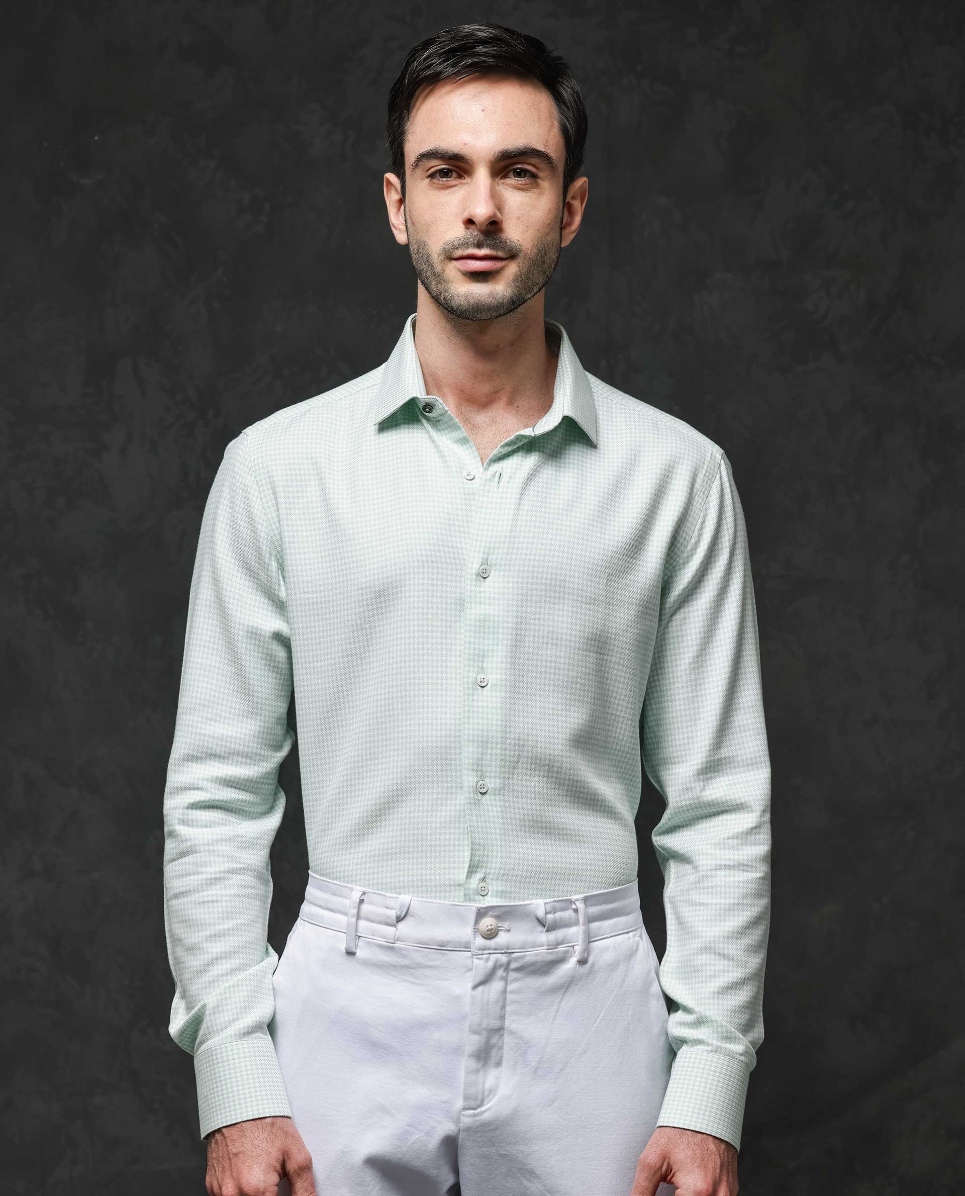 Rare Rabbit Mens Kinate Pastel Green Full Sleeve Solid Houndstooth Check Shirt