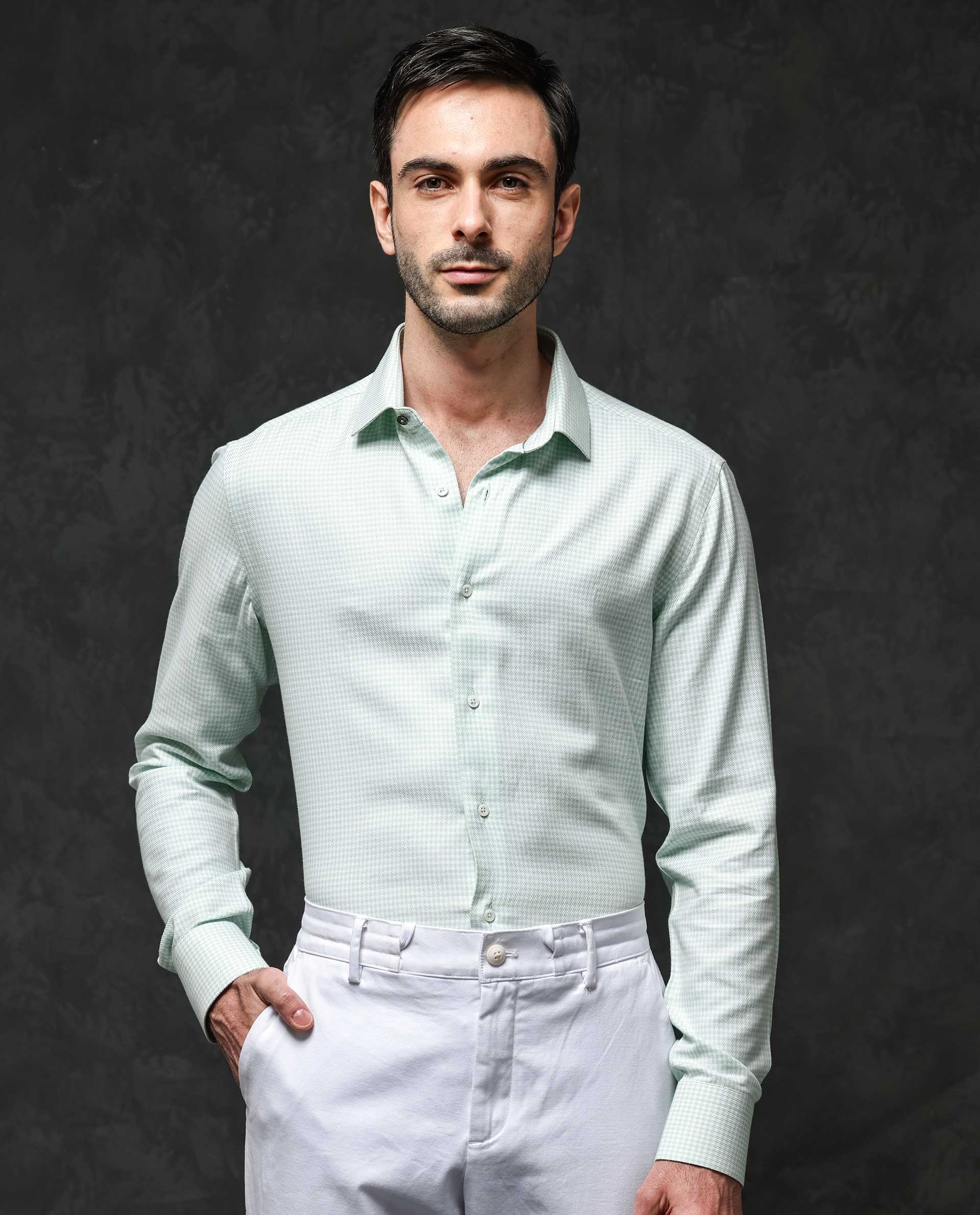 Rare Rabbit Mens Kinate Pastel Green Full Sleeve Solid Houndstooth Check Shirt