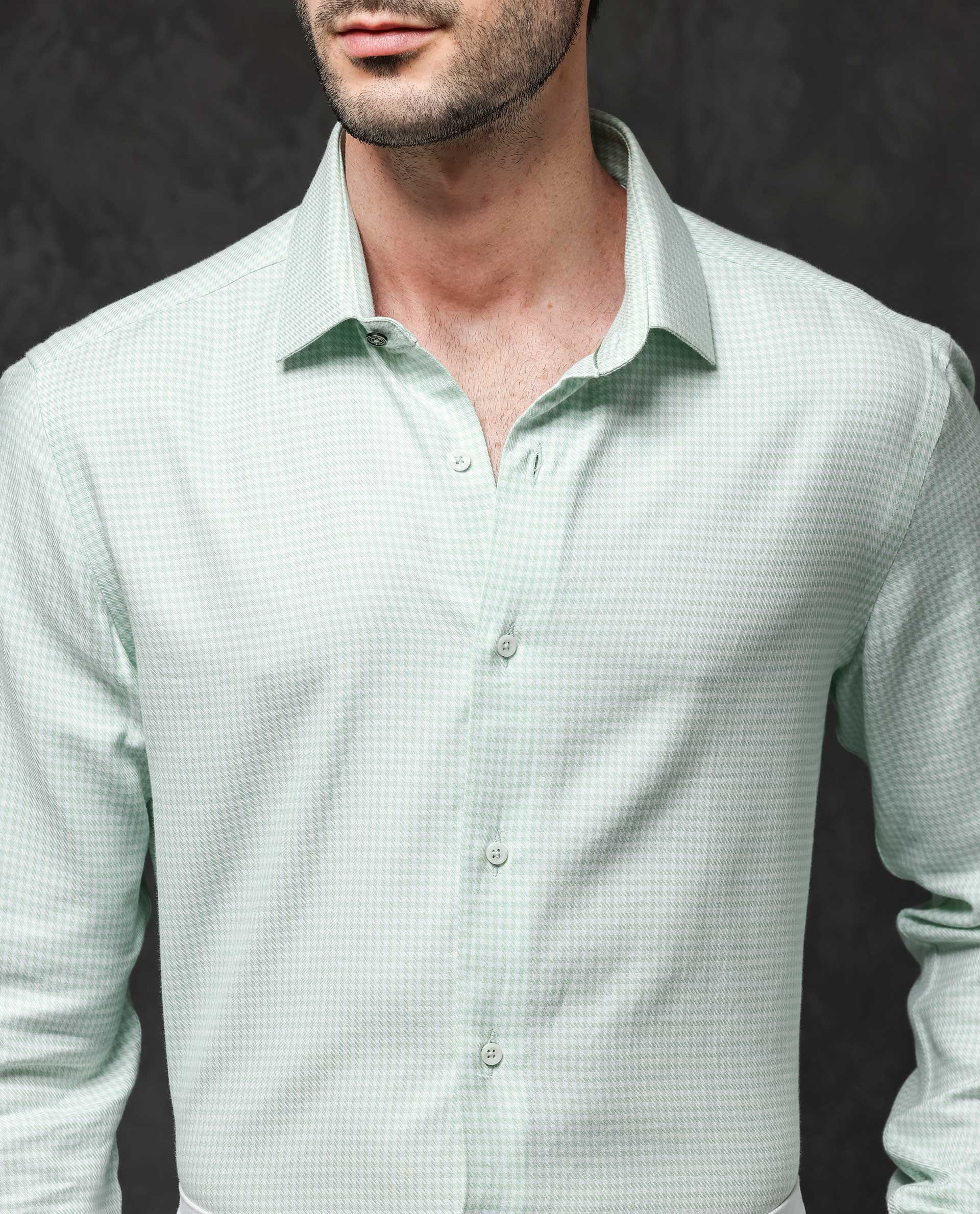Rare Rabbit Mens Kinate Pastel Green Full Sleeve Solid Houndstooth Check Shirt