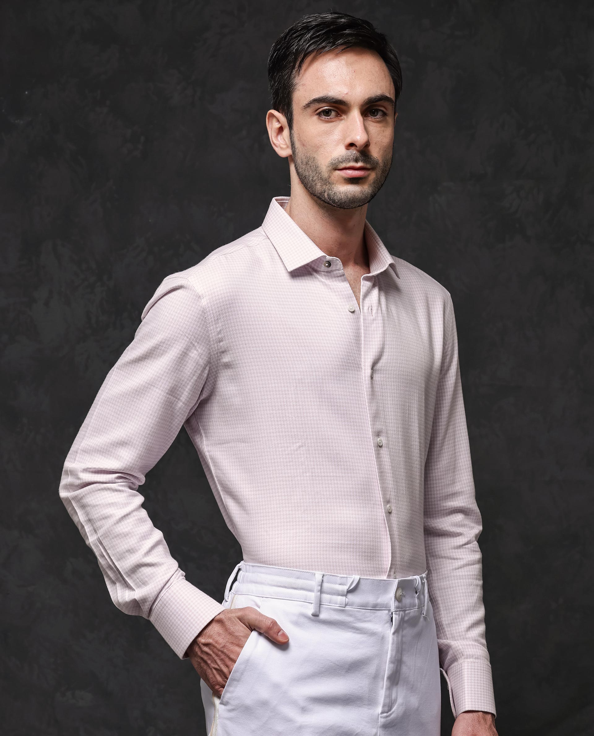 Rare Rabbit Mens Kinate Pastel Pink Full Sleeve Solid Houndstooth Check Shirt