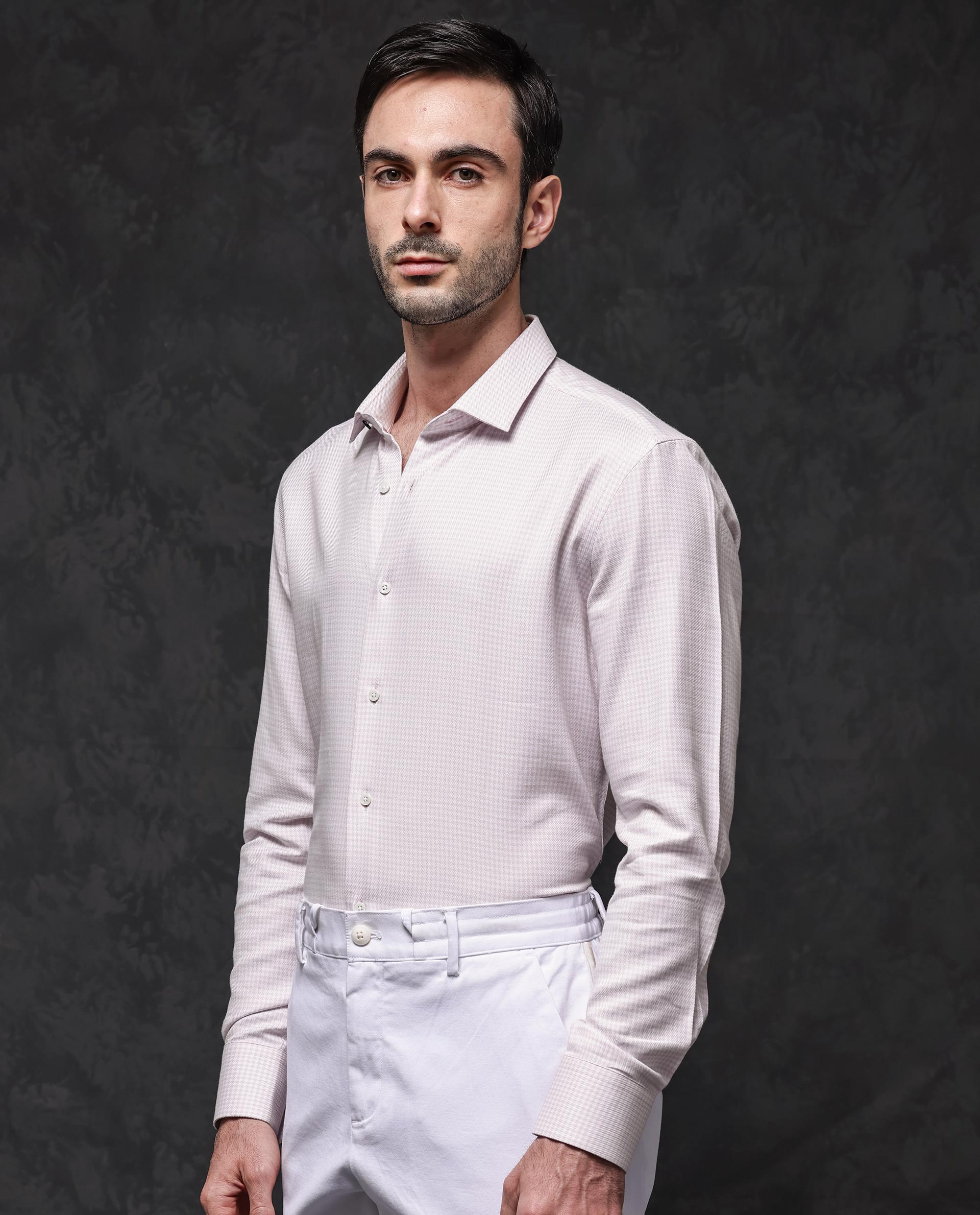 Rare Rabbit Mens Kinate Pastel Pink Full Sleeve Solid Houndstooth Check Shirt