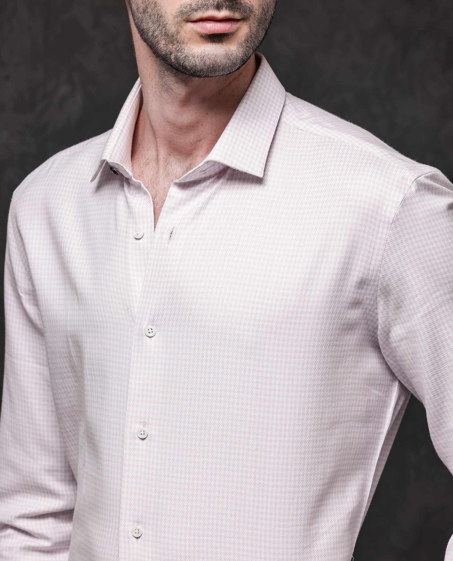 Rare Rabbit Mens Kinate Pastel Pink Full Sleeve Solid Houndstooth Check Shirt