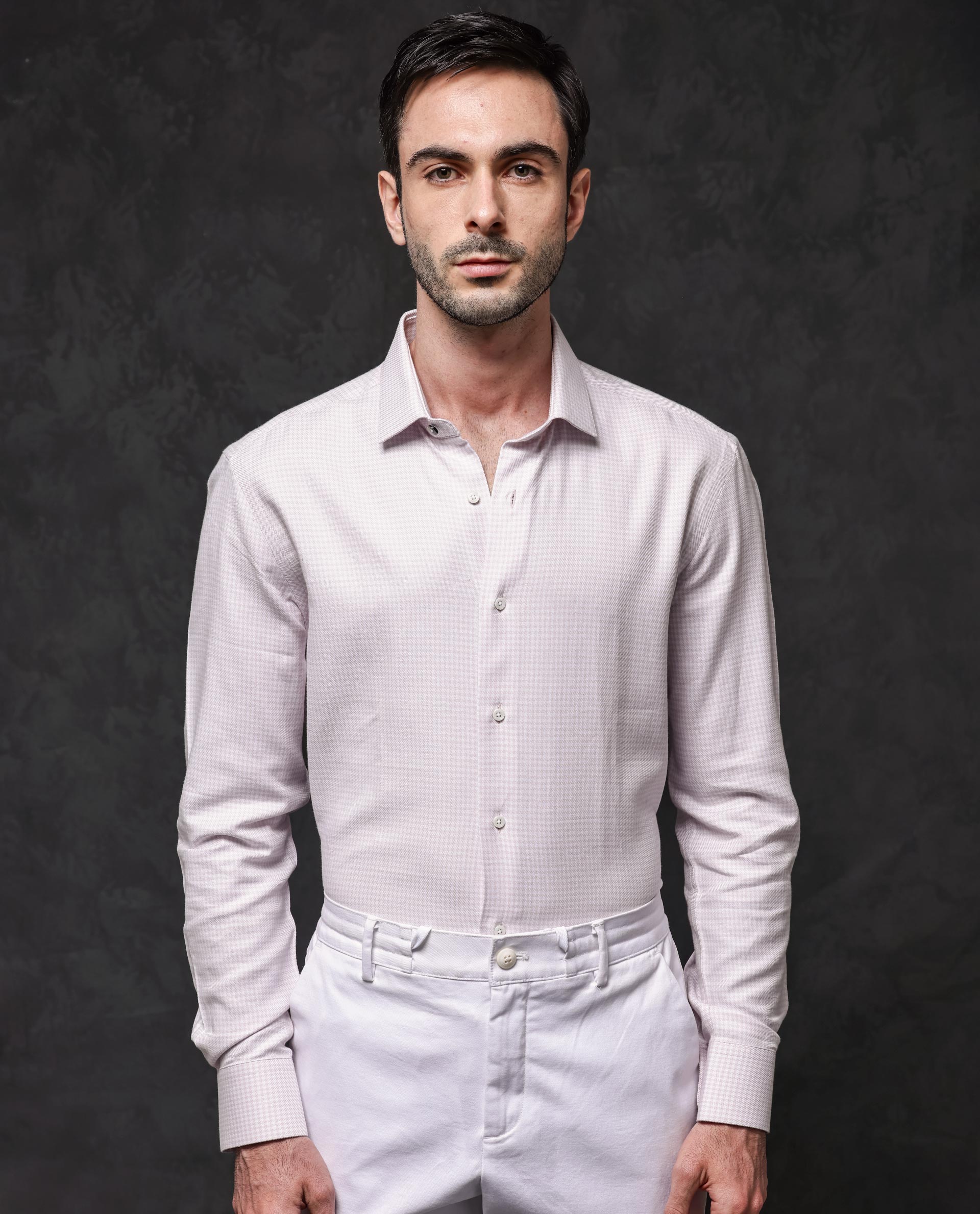 Rare Rabbit Mens Kinate Pastel Pink Full Sleeve Solid Houndstooth Check Shirt