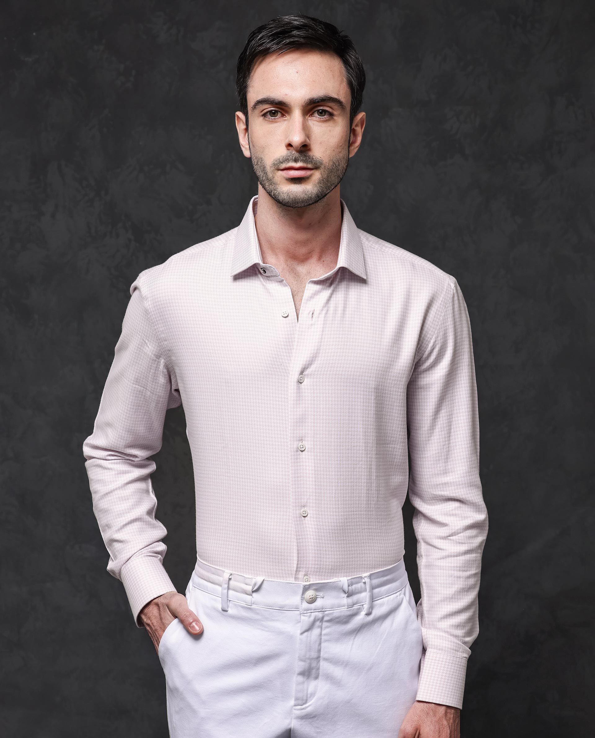 Rare Rabbit Mens Kinate Pastel Pink Full Sleeve Solid Houndstooth Check Shirt