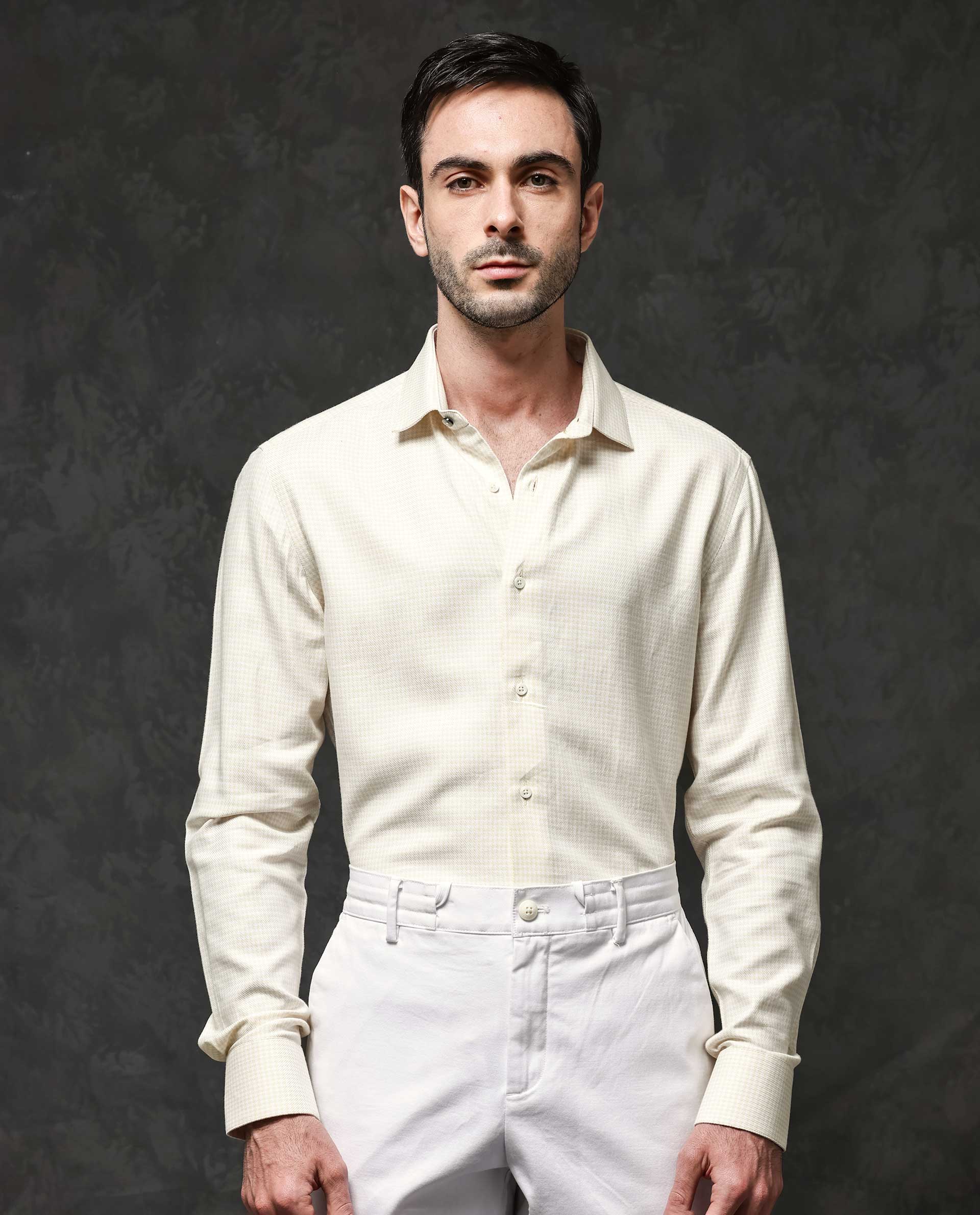 Rare Rabbit Mens Kinate Pastel Yellow Full Sleeve Solid Houndstooth Check Shirt