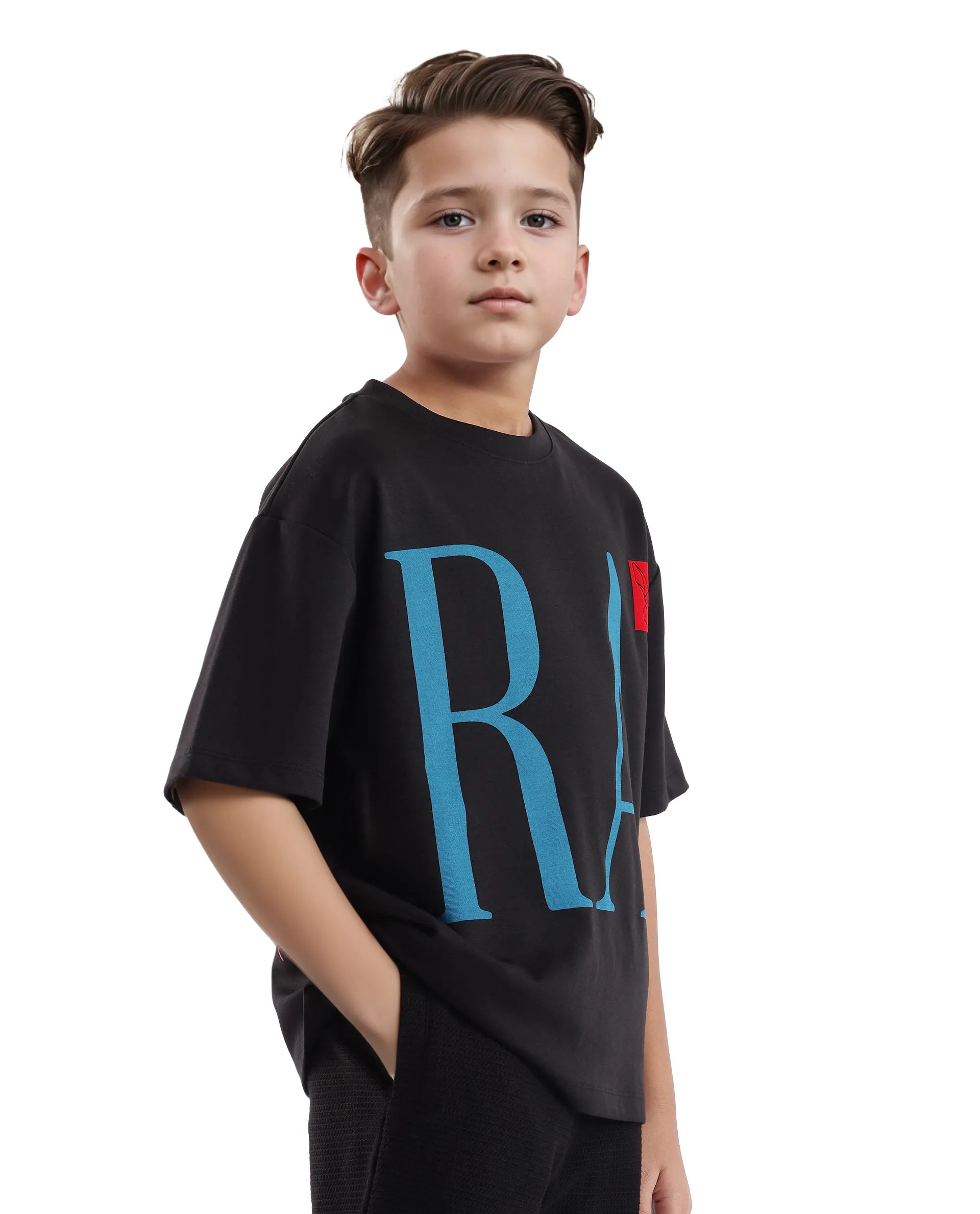 Rare Ones Kids Kin Black Cotton Poly Short Sleeve Crew Neck Pigment Print Boxy T-Shirt
