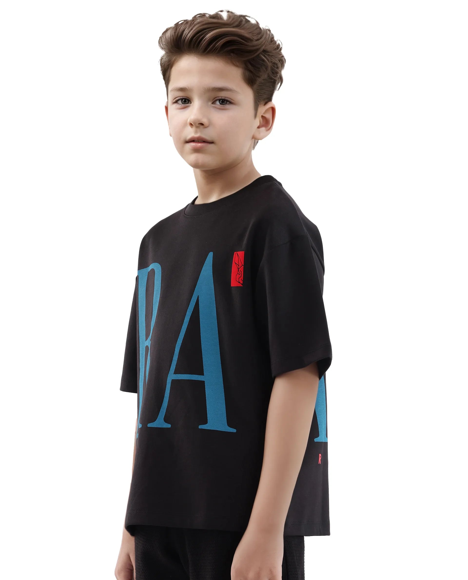 Rare Ones Kids Kin Black Cotton Poly Short Sleeve Crew Neck Pigment Print Boxy T-Shirt