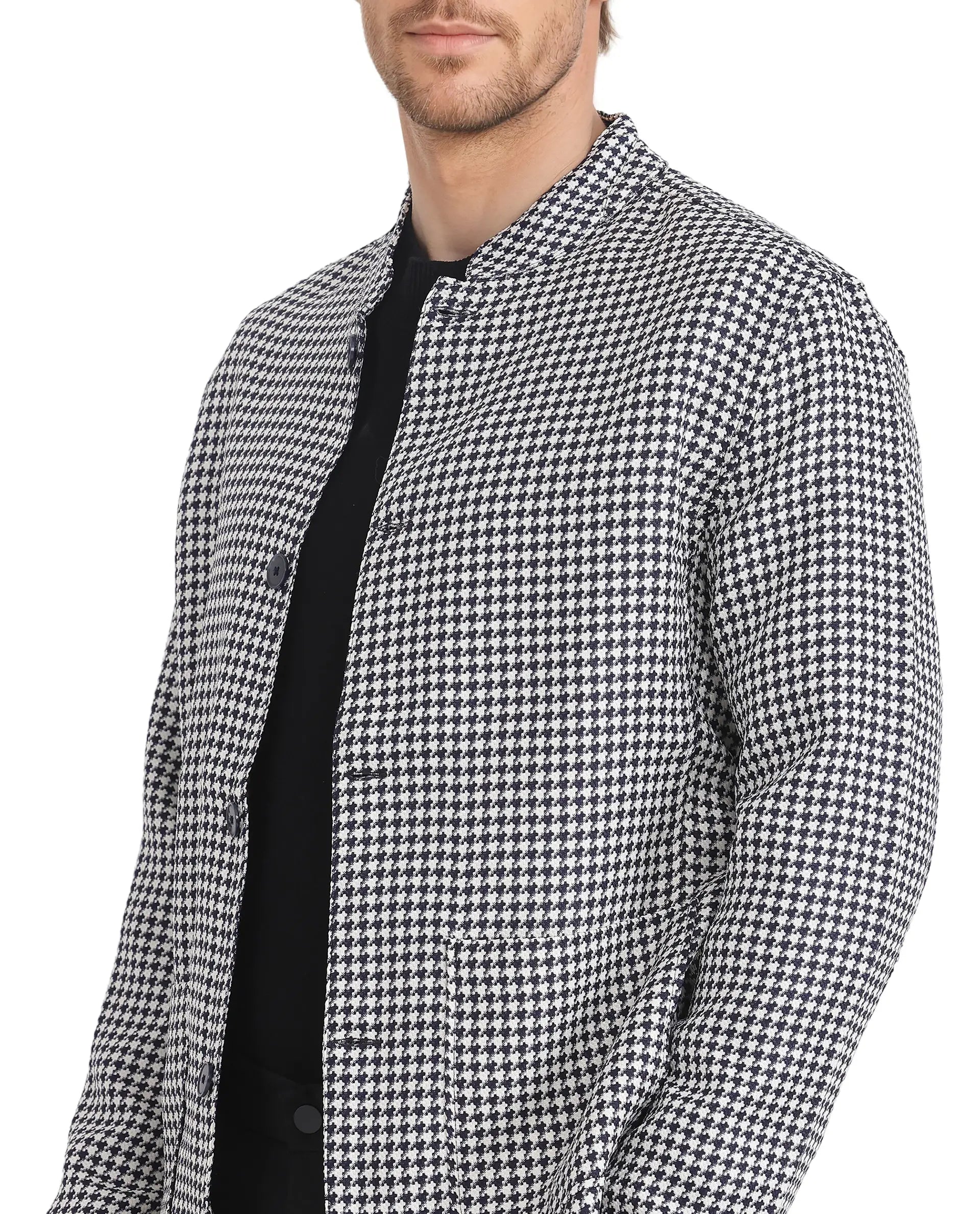 Rare Rabbit Men Kinghound Navy Polyester Fabric Mandarin Collar Button Closure Regular Fit Houndstooth Jacket