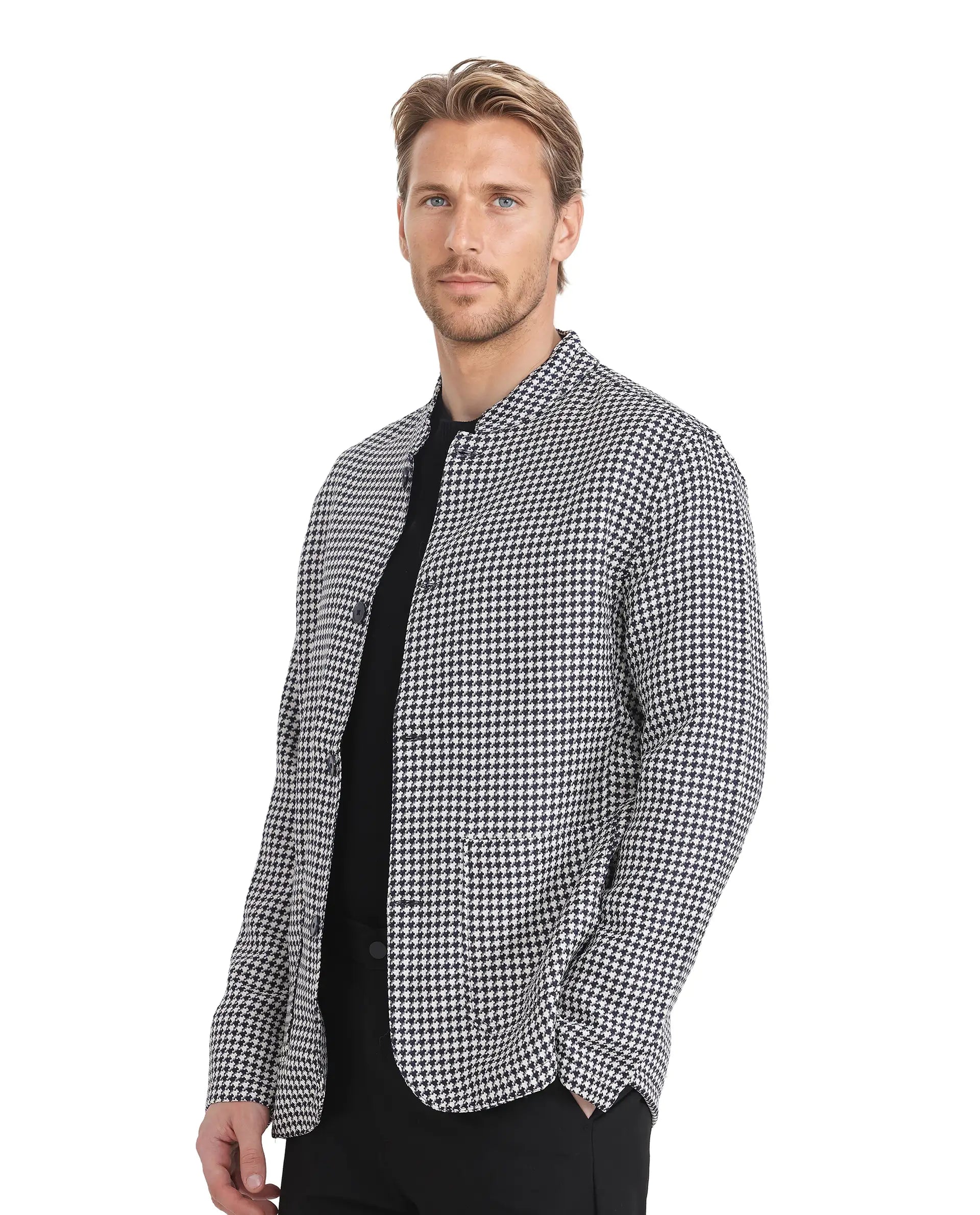 Rare Rabbit Men Kinghound Navy Polyester Fabric Mandarin Collar Button Closure Regular Fit Houndstooth Jacket