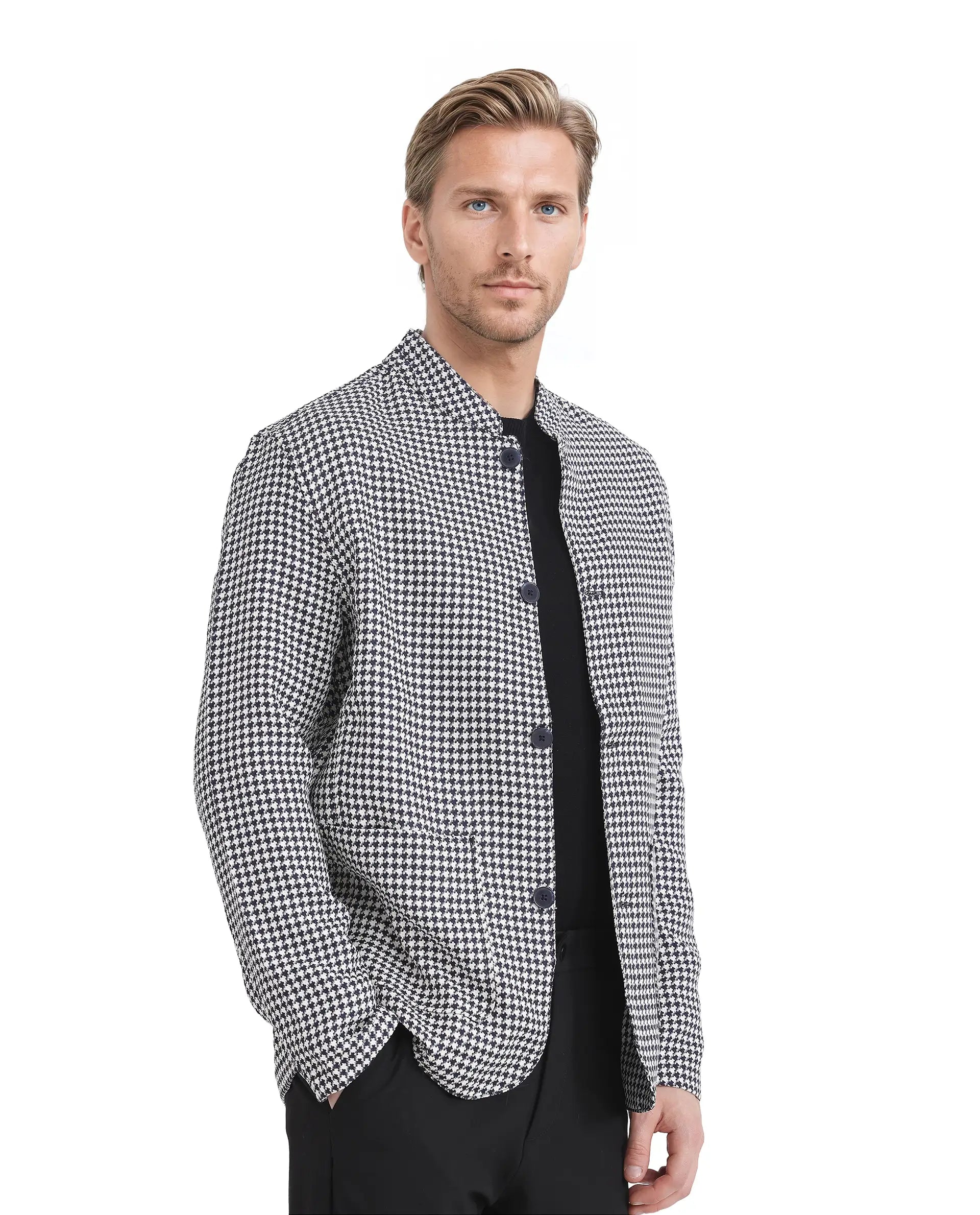 Rare Rabbit Men Kinghound Navy Polyester Fabric Mandarin Collar Button Closure Regular Fit Houndstooth Jacket