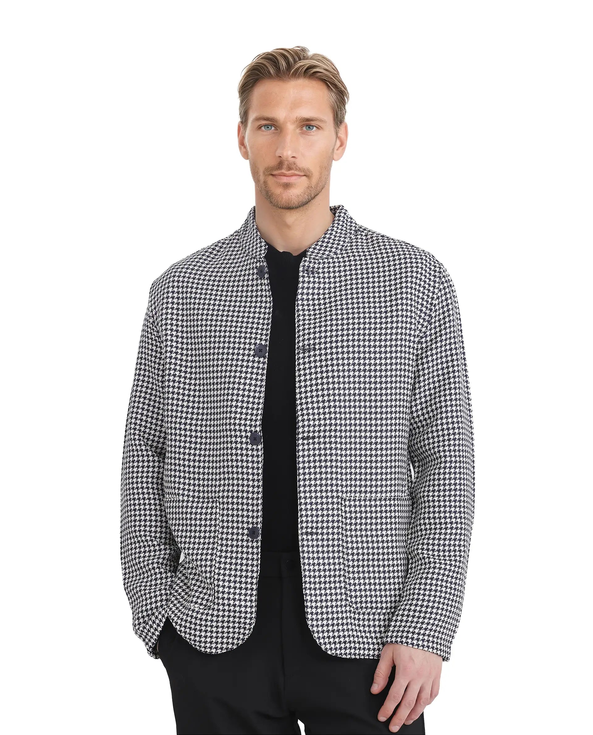 Rare Rabbit Men Kinghound Navy Polyester Fabric Mandarin Collar Button Closure Regular Fit Houndstooth Jacket