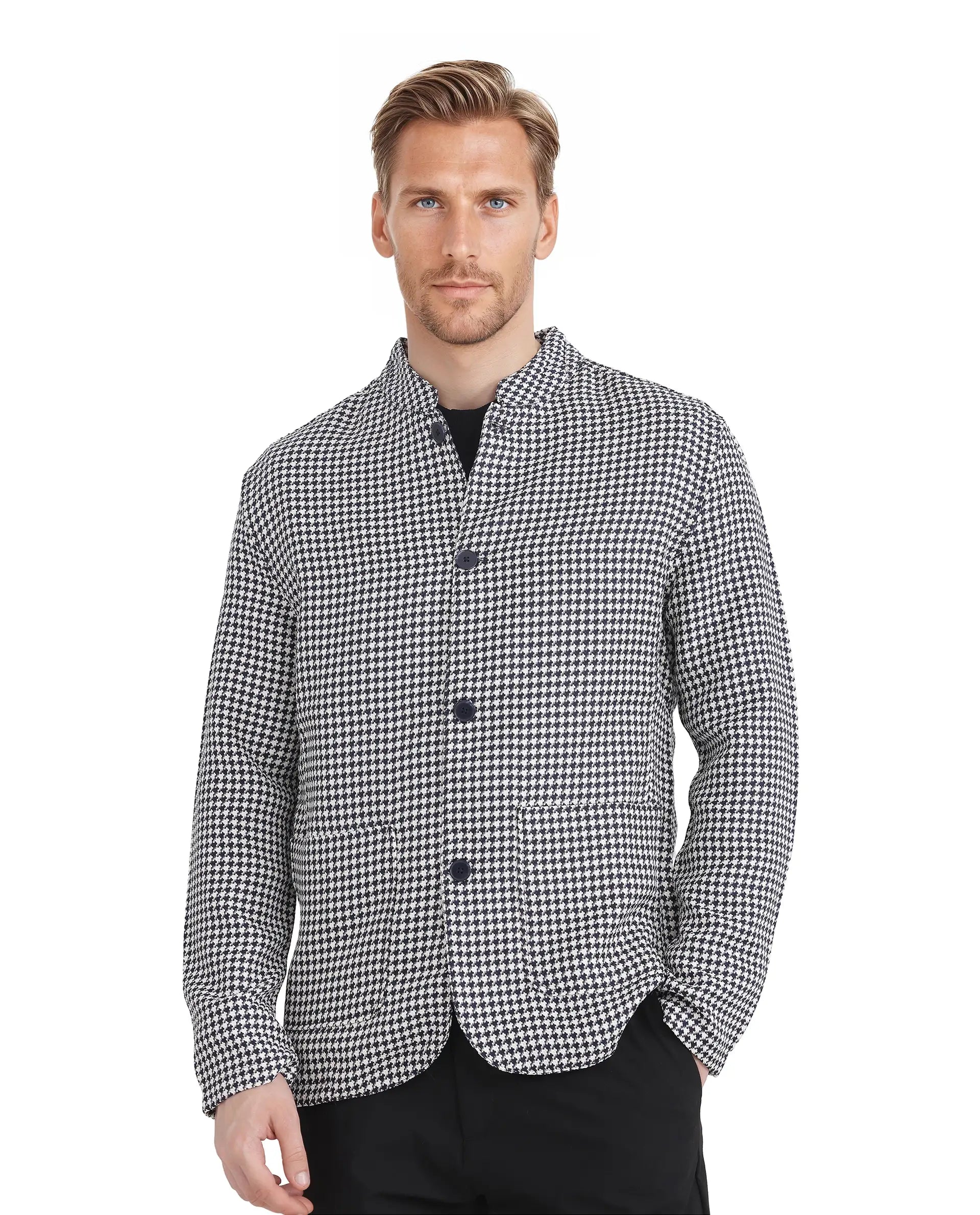 Rare Rabbit Men Kinghound Navy Polyester Fabric Mandarin Collar Button Closure Regular Fit Houndstooth Jacket