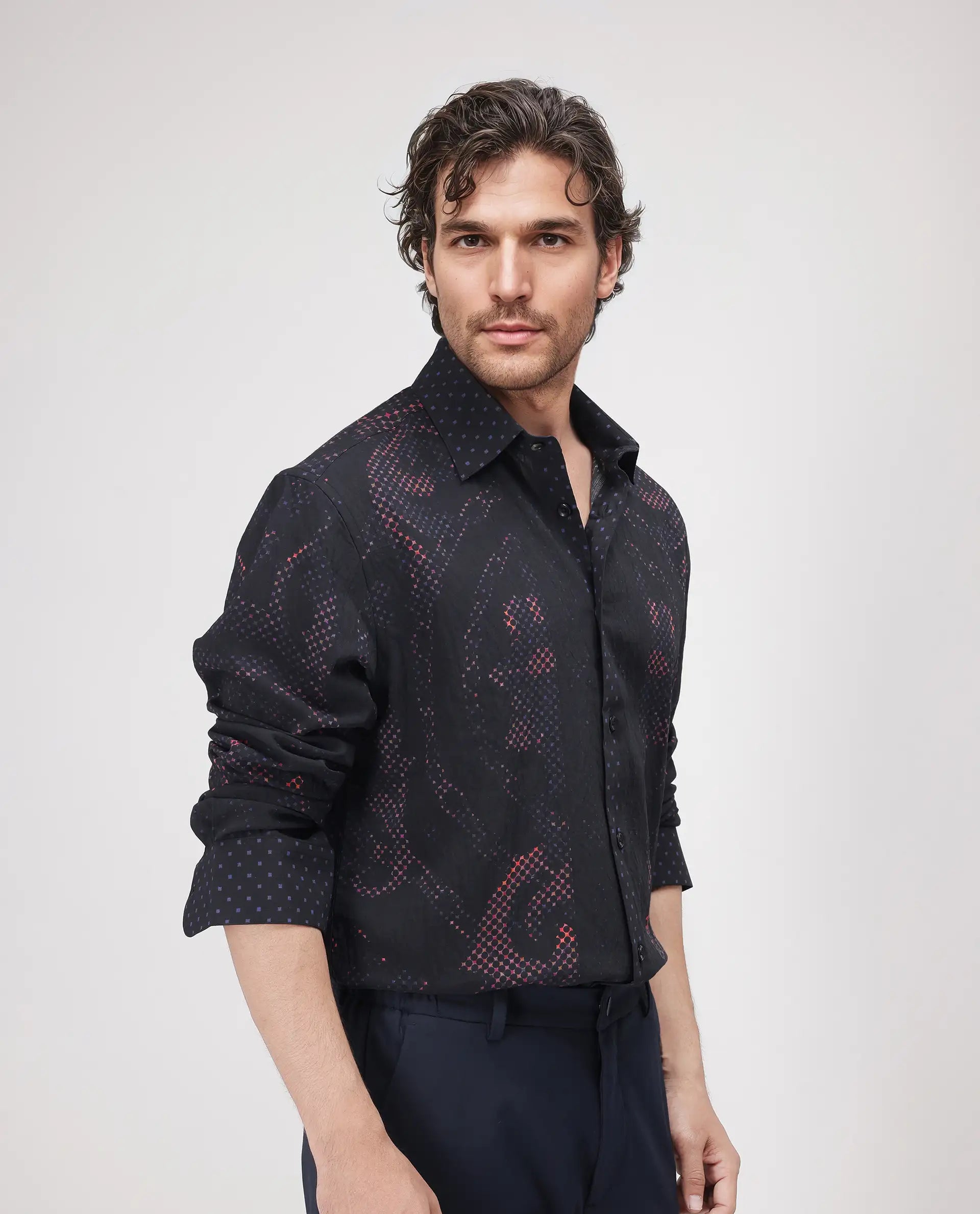 Rare Rabbit Men's Kini Black Viscose Decorative Print Relaxed Fit Full Sleeve Collared Shirt