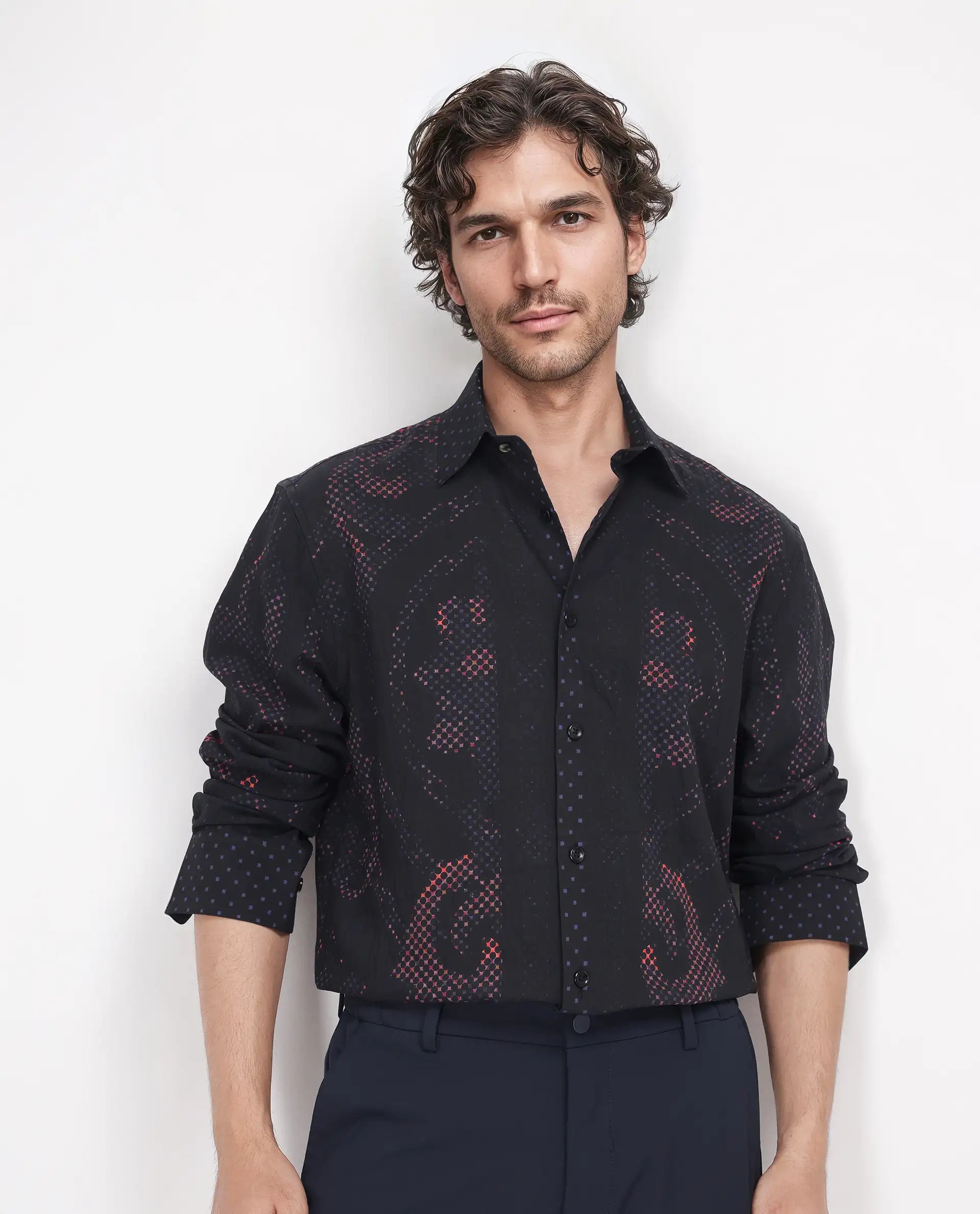 Rare Rabbit Men's Kini Black Viscose Decorative Print Relaxed Fit Full Sleeve Collared Shirt