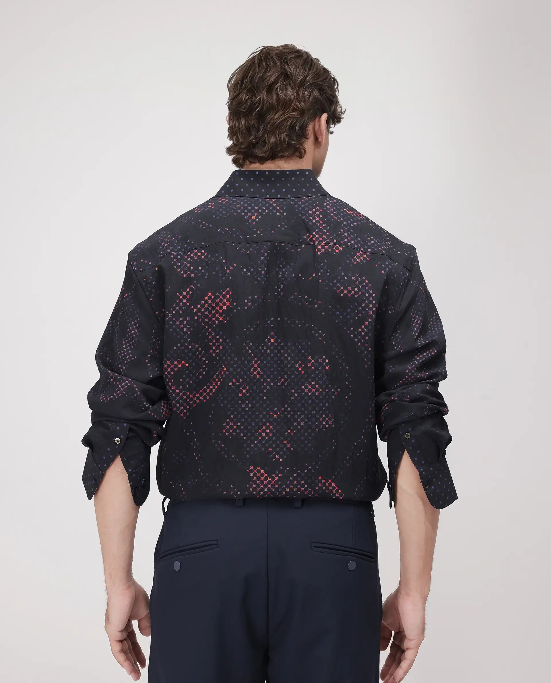 Rare Rabbit Men's Kini Black Viscose Decorative Print Relaxed Fit Full Sleeve Collared Shirt