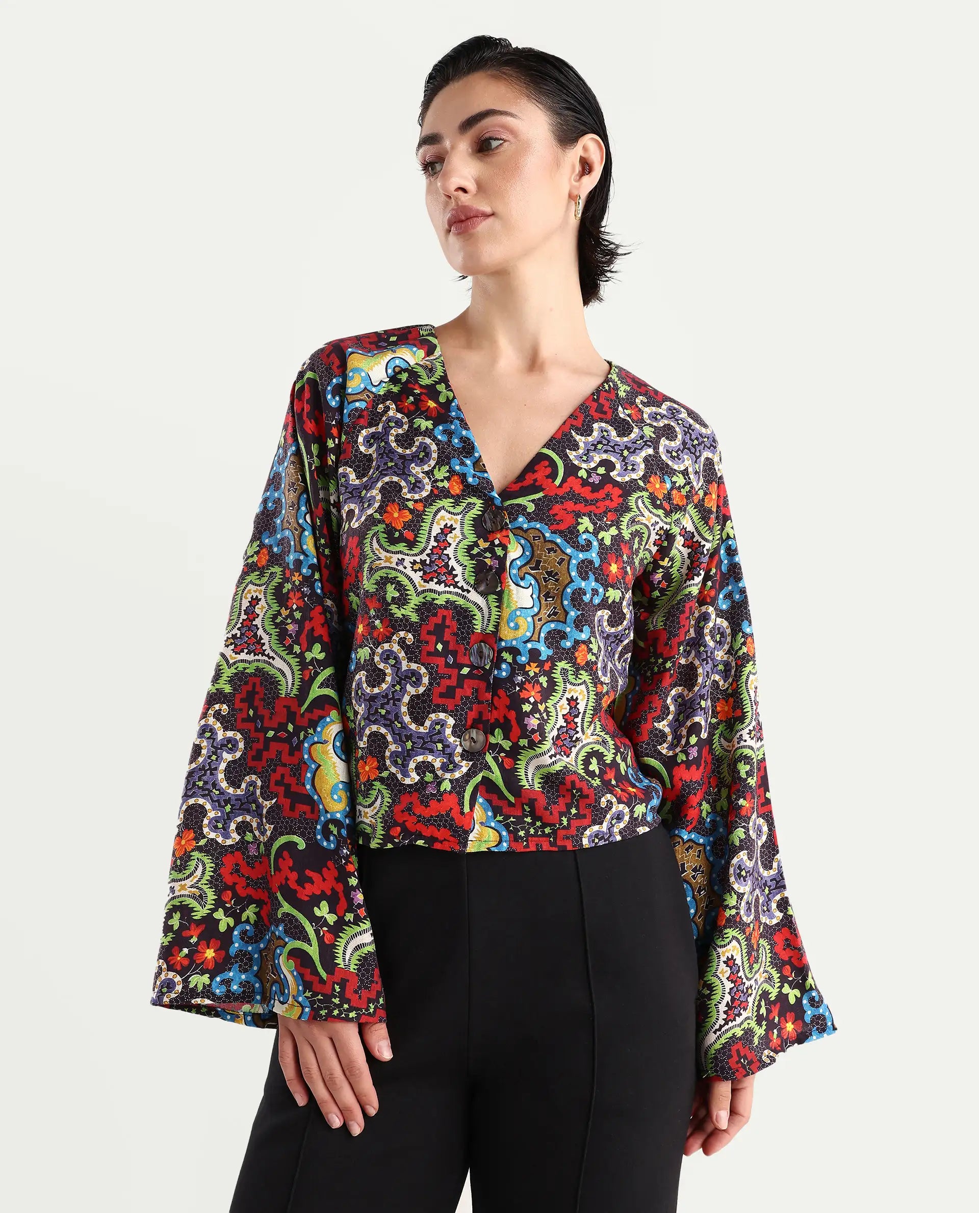 Rareism Women's Kinil Dark Multi Polyester V-Neck Abstract Print Raglan Sleeve Regular Fit Top