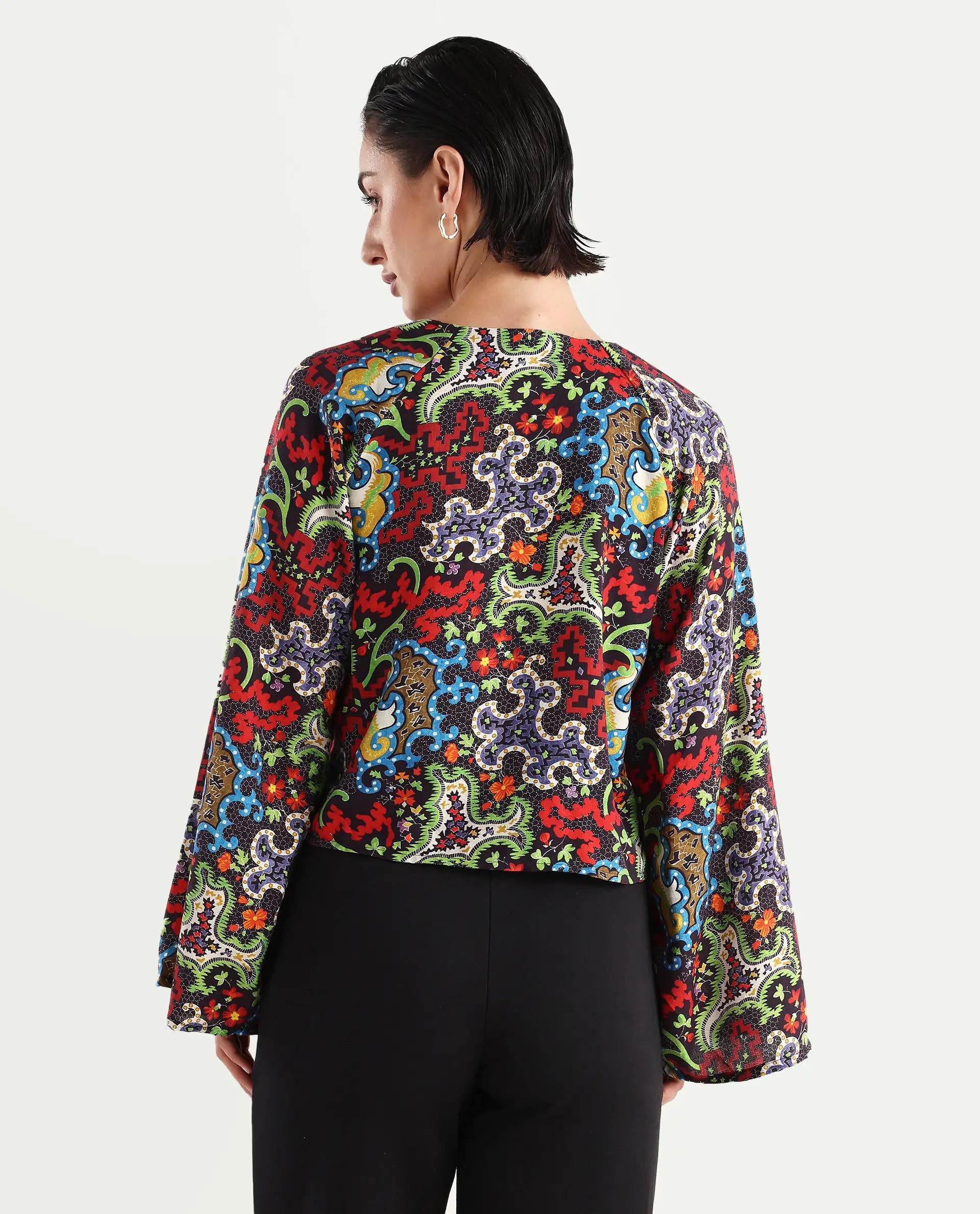 Rareism Women's Kinil Dark Multi Polyester V-Neck Abstract Print Raglan Sleeve Regular Fit Top