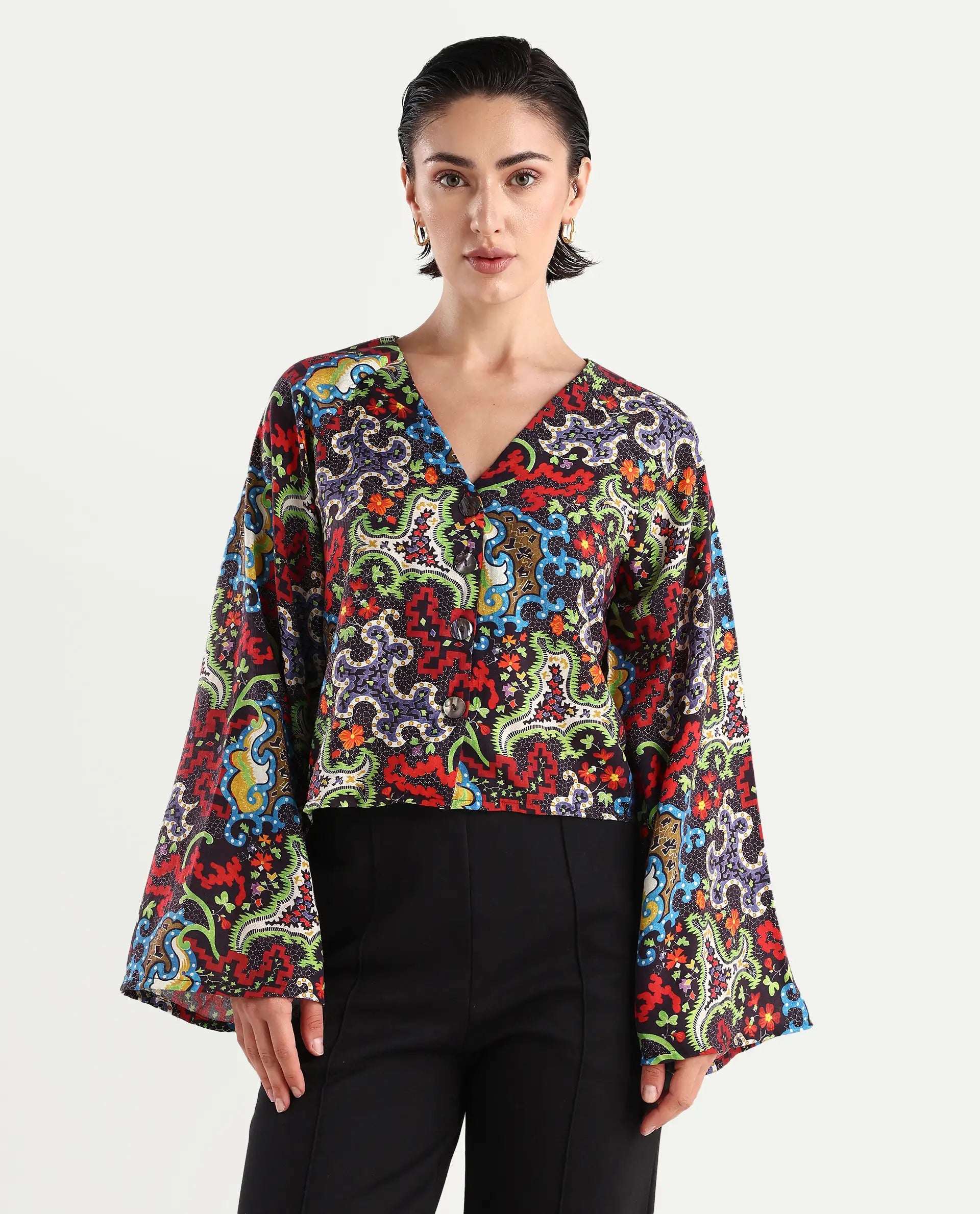 Rareism Women's Kinil Dark Multi Polyester V-Neck Abstract Print Raglan Sleeve Regular Fit Top