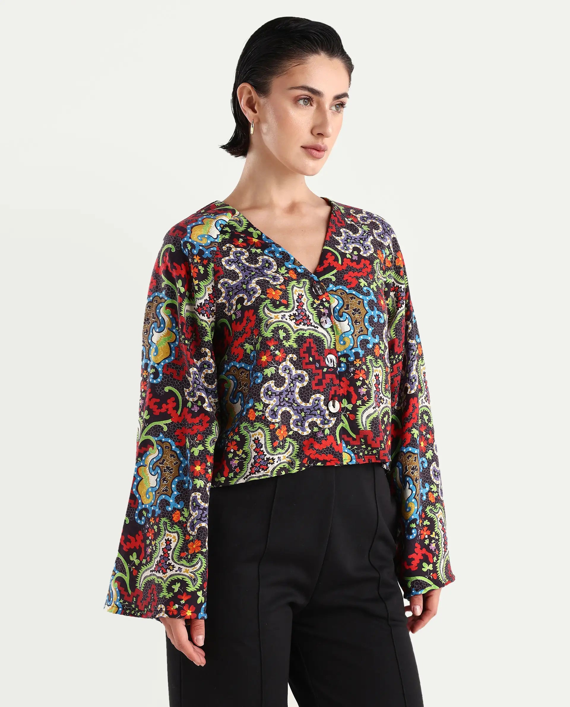 Rareism Women's Kinil Dark Multi Polyester V-Neck Abstract Print Raglan Sleeve Regular Fit Top