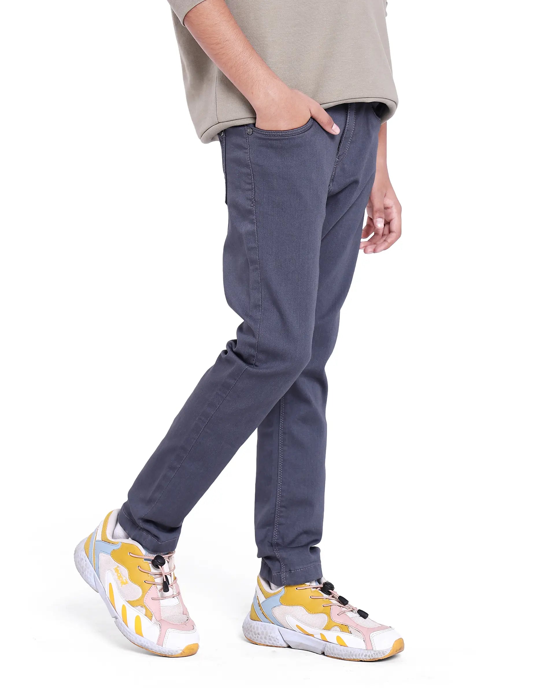 Rare Ones Kids Kino Grey Cotton Poly Solid Slim Fit Denim Pant