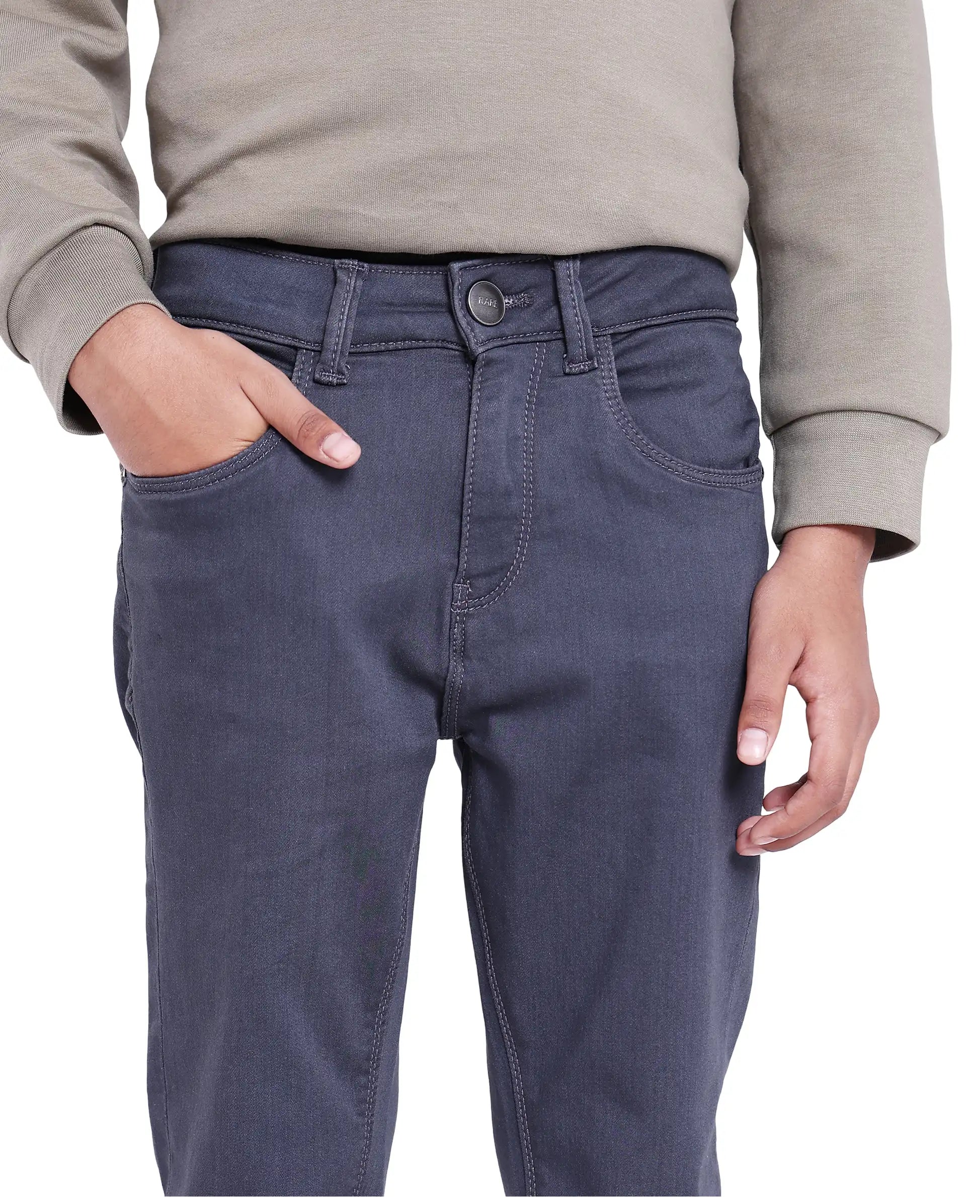 Rare Ones Kids Kino Grey Cotton Poly Solid Slim Fit Denim Pant