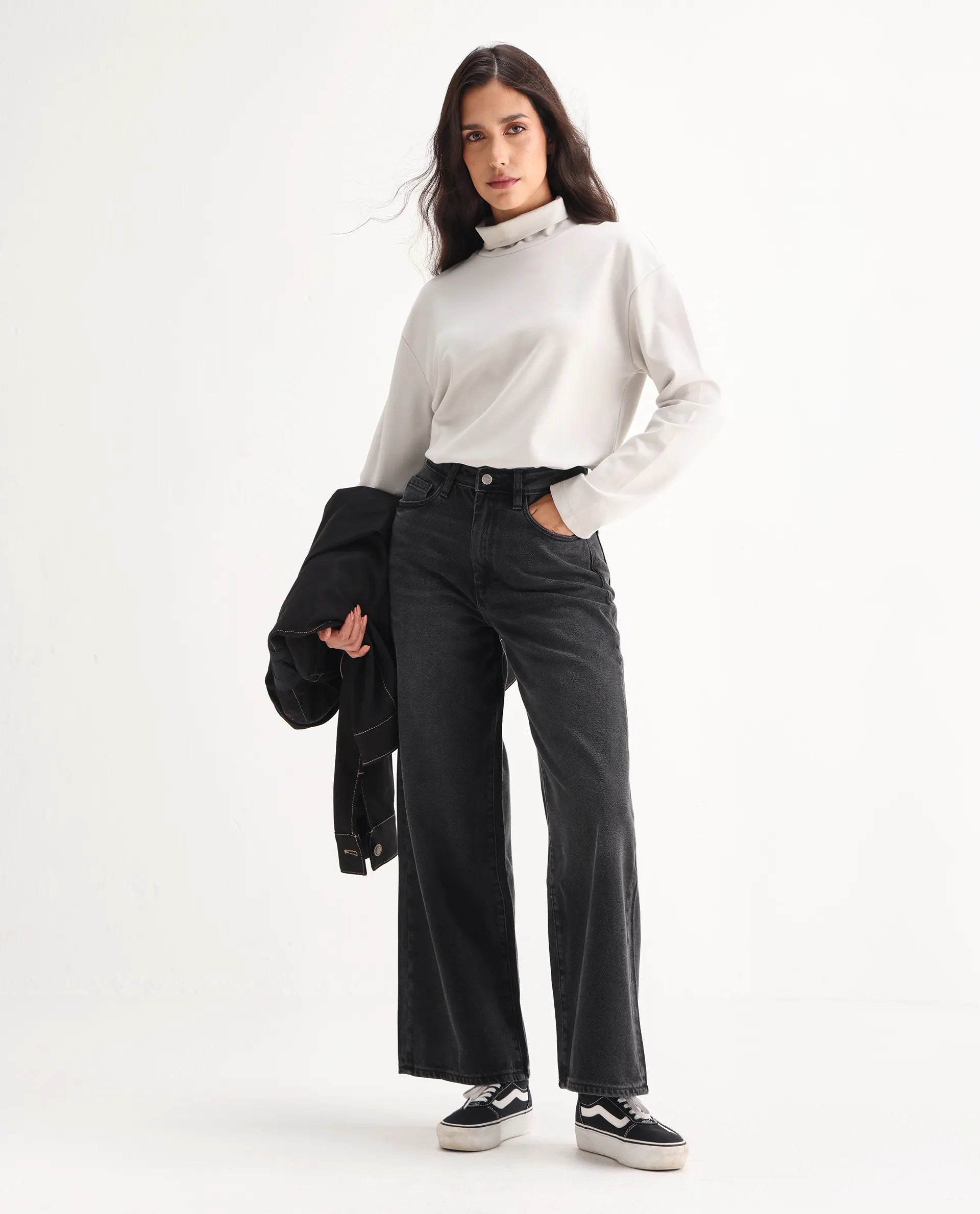 Rareism Women's Kinzy Black Cotton Plain Ankle Length Effortless Wide Jeans