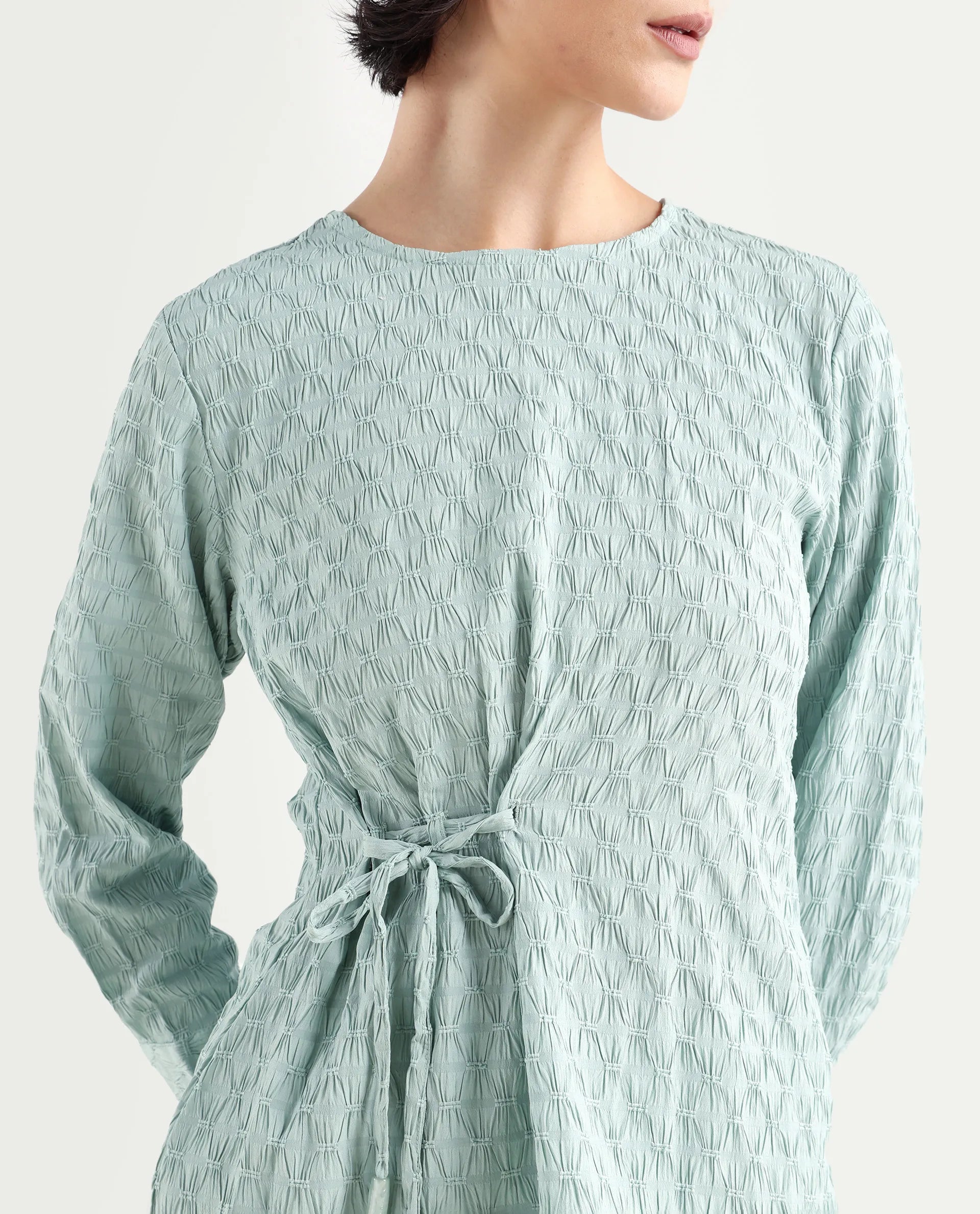Rareism Women's Kiop Green Polyester Crew Neck Plain Cuffed Sleeve Regular Fit Top